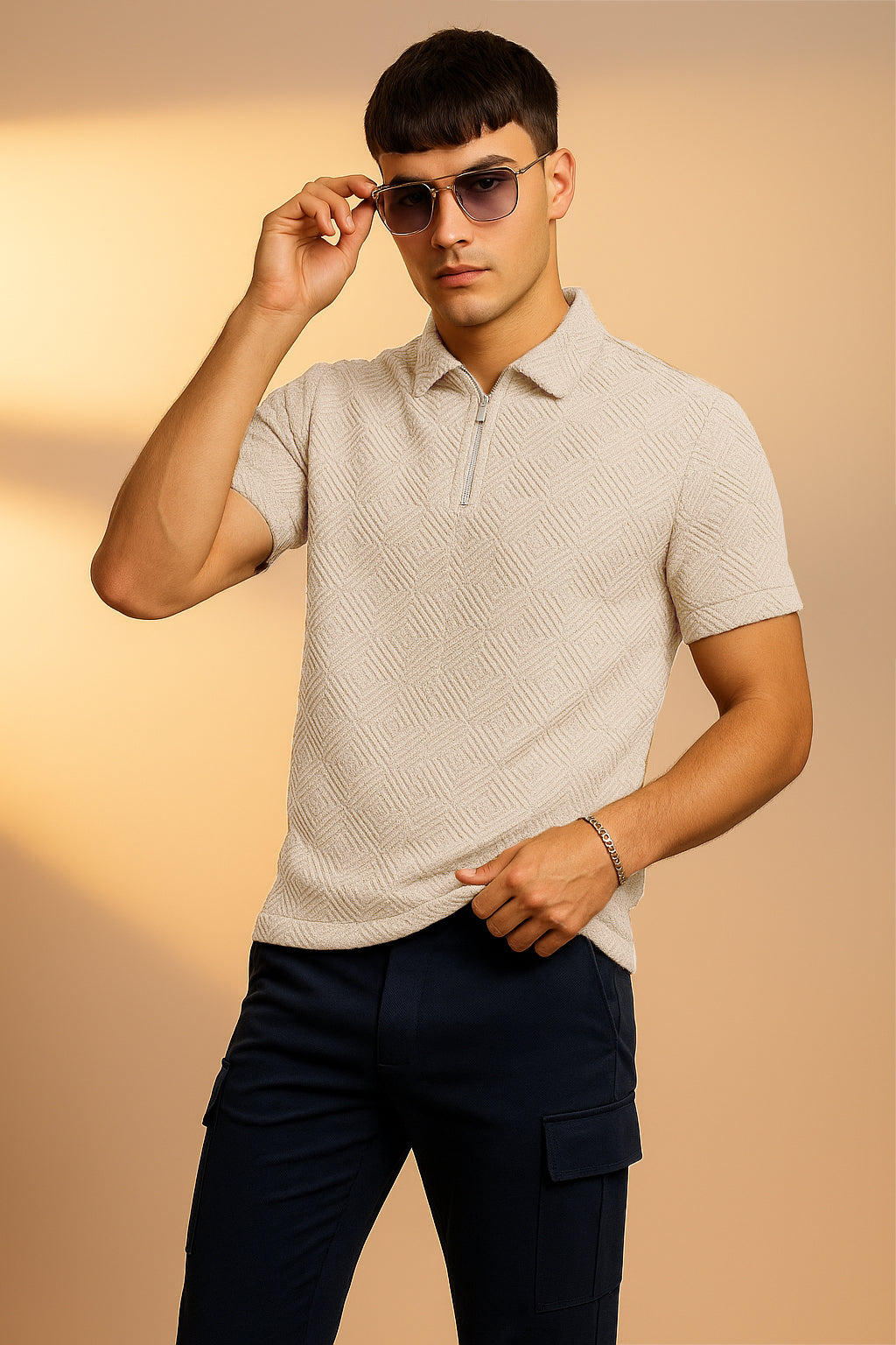 Beige Jacquard Plain Regular Fit Zipper Polo T-shirt