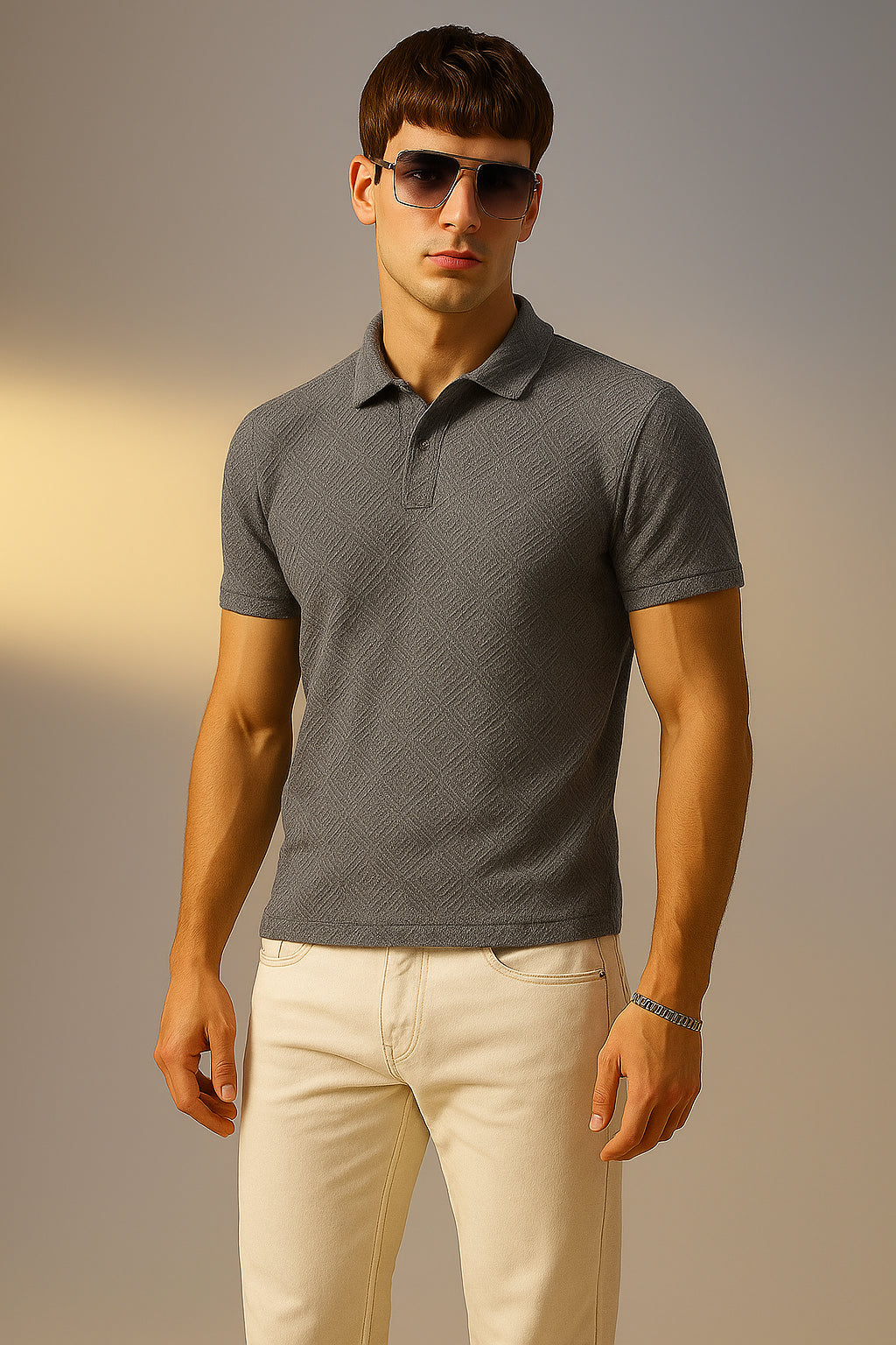 Grey Jacquard Plain Regular Fit Button Polo T-shirt