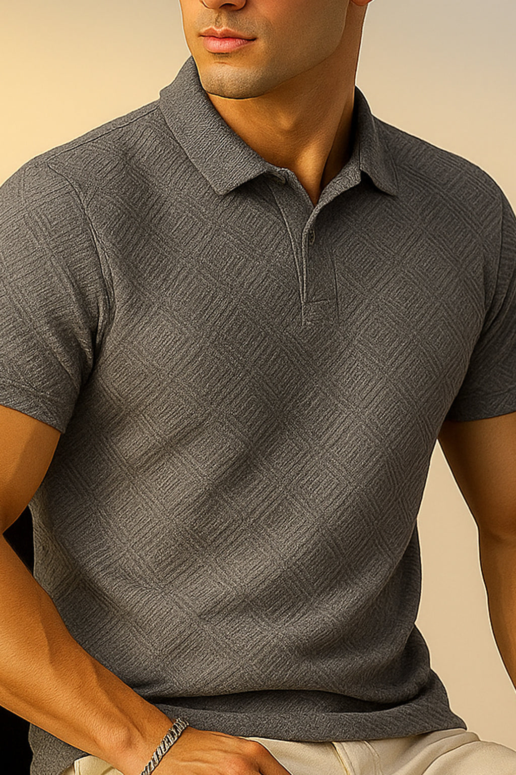 Grey Jacquard Plain Regular Fit Button Polo T-shirt