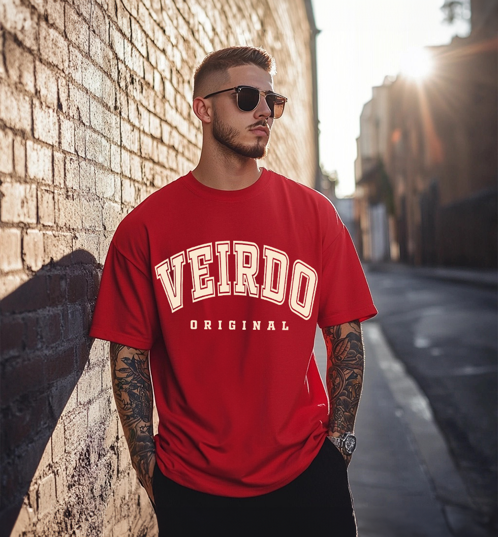 Veirdo Original Red Oversized Typography Brand Printed  T-shirt