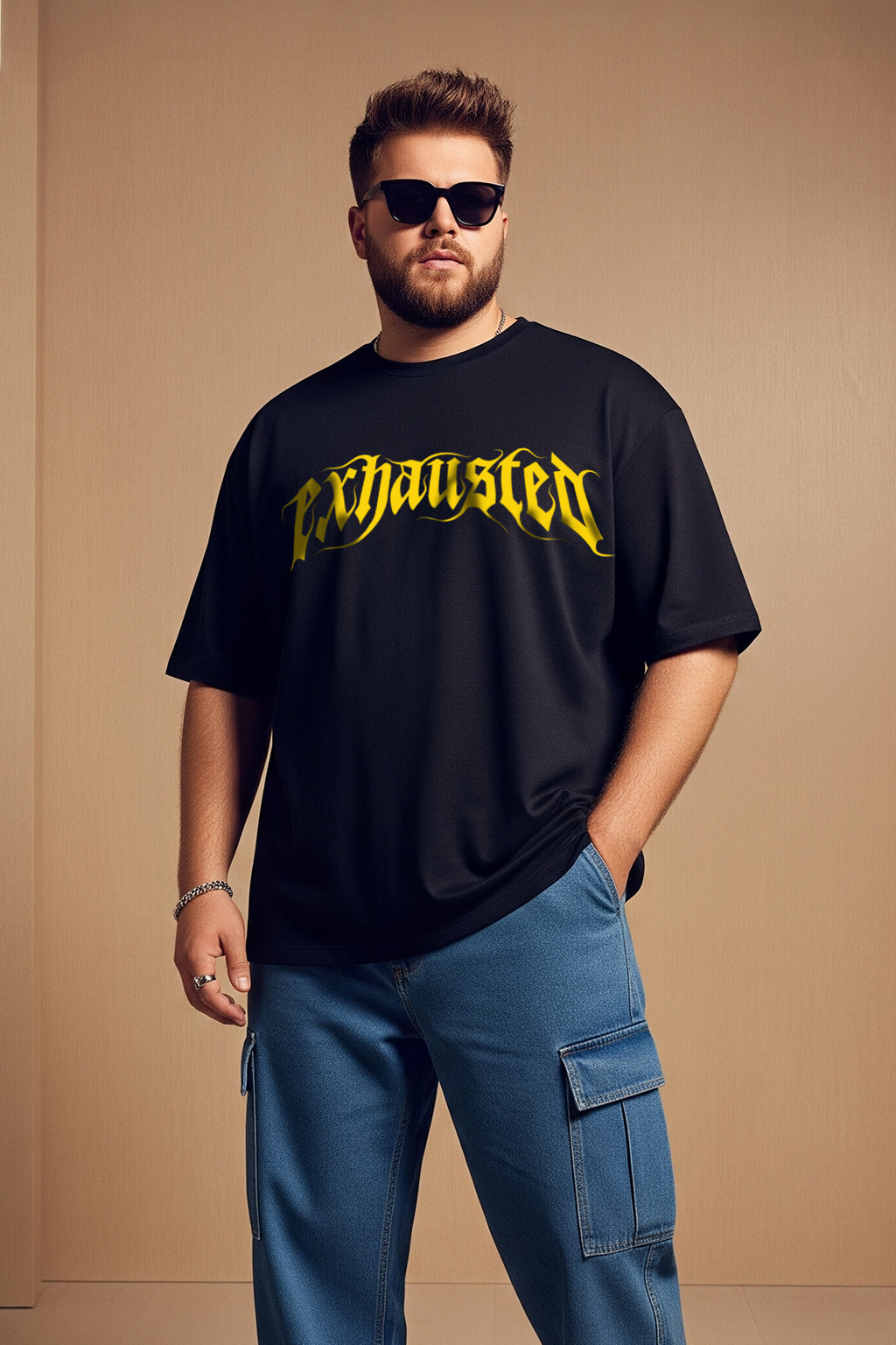 Exhausted Black Graphic Printed Plus Size T-shirt
