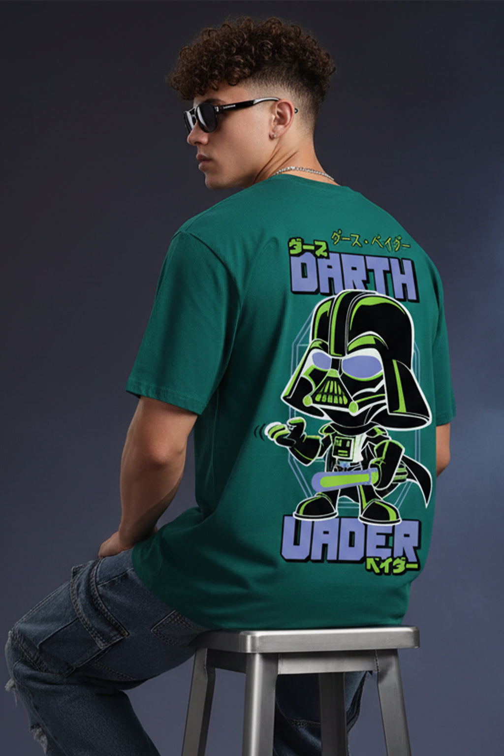 Darth Under Star Wars Green Oversized Back Graphic Printed T-shirt