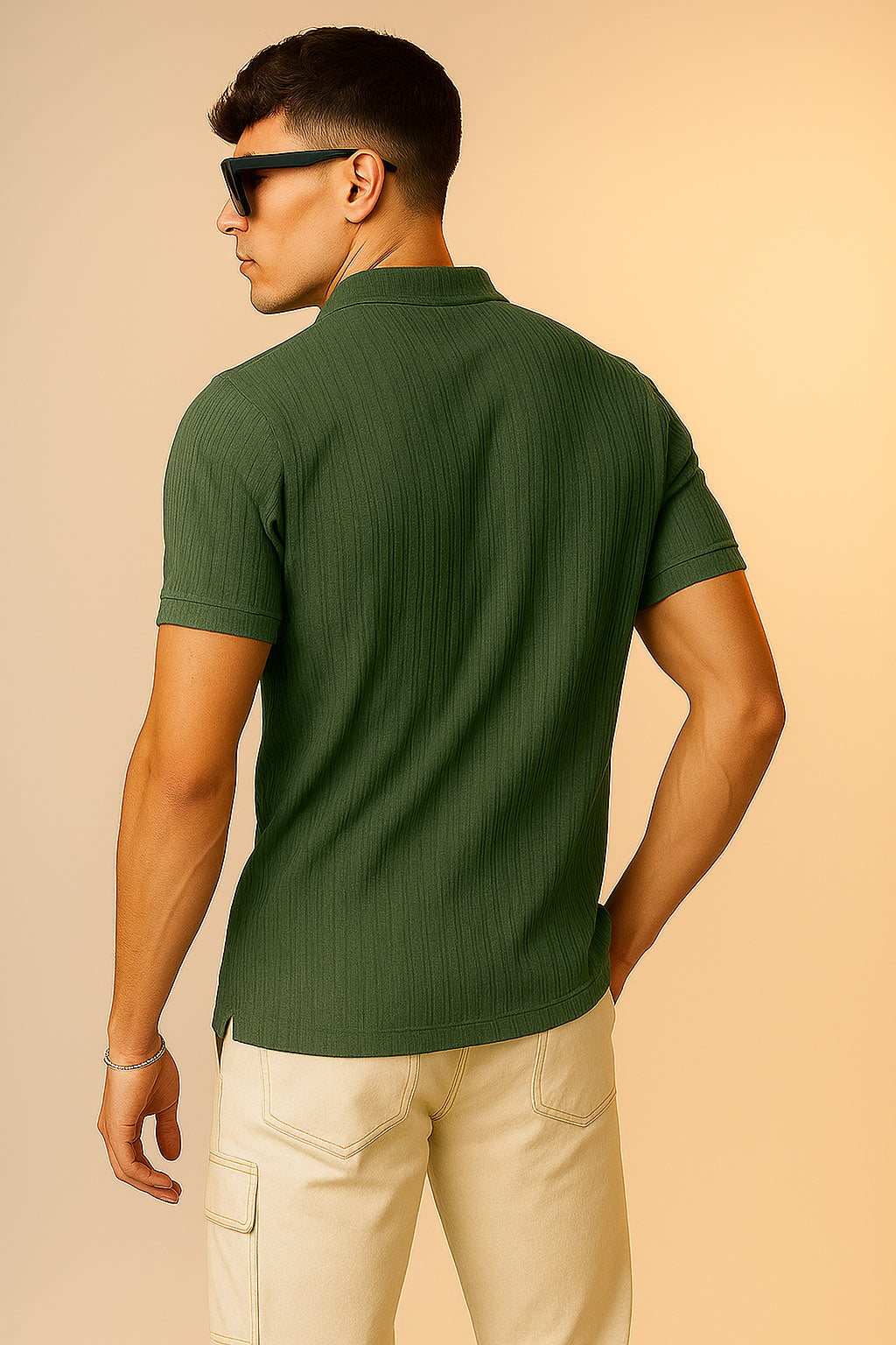 Olive Textured Plain Regular Fit Button Polo T-shirt