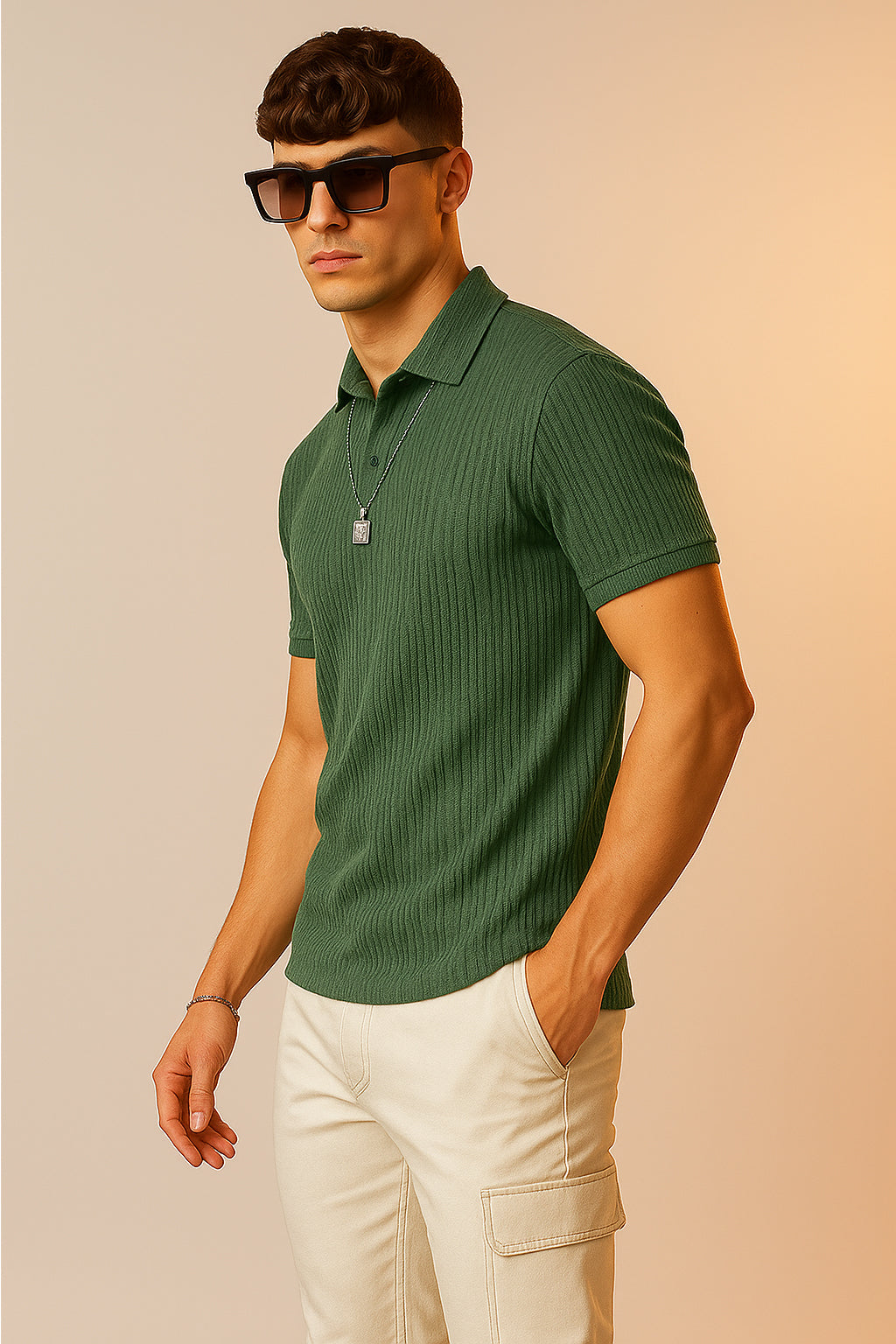 Olive Textured Plain Regular Fit Button Polo T-shirt