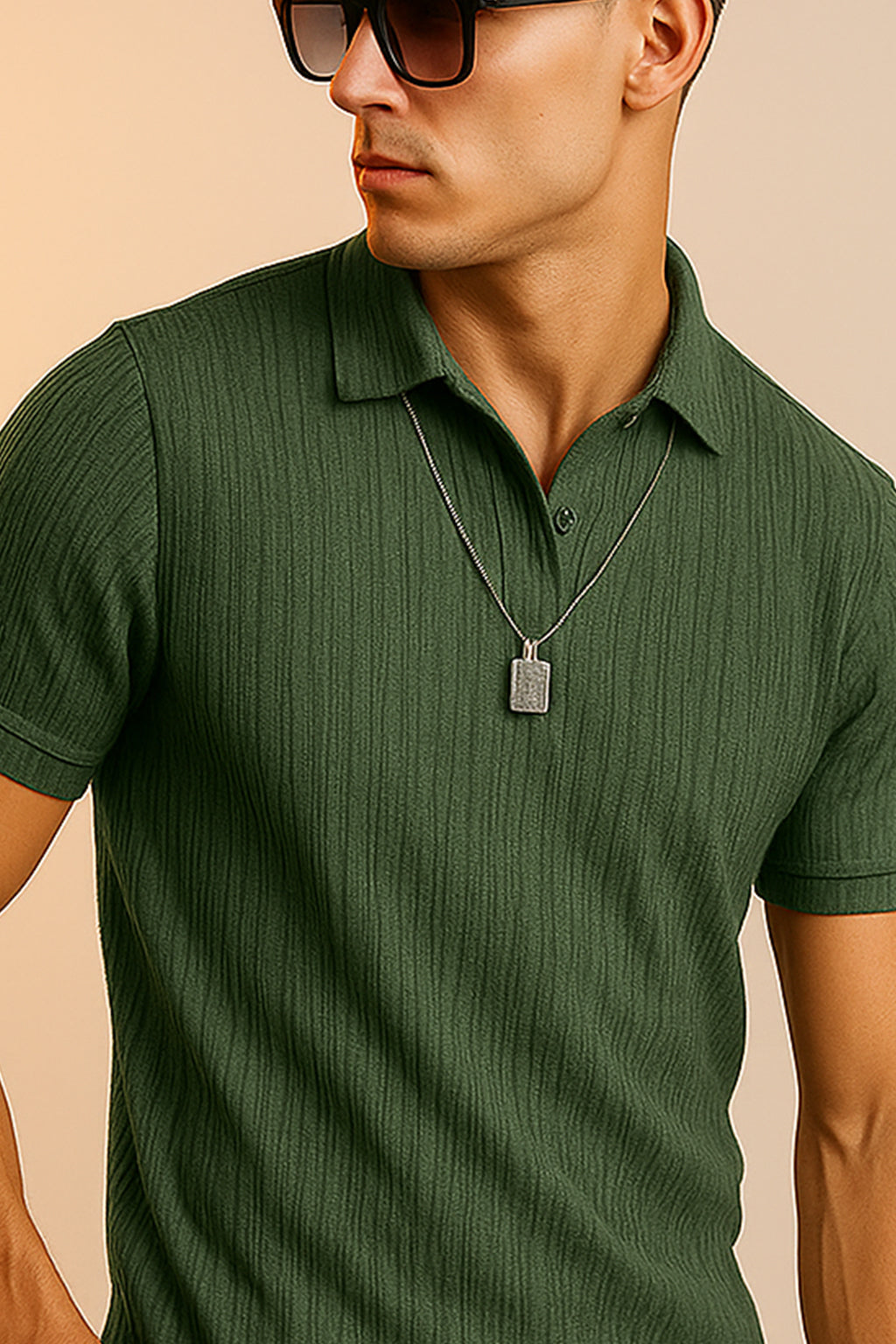 Olive Textured Plain Regular Fit Button Polo T-shirt