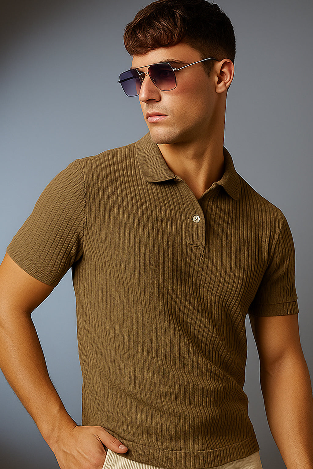 Khaki Textured Plain Regular Fit Button Polo T-shirt