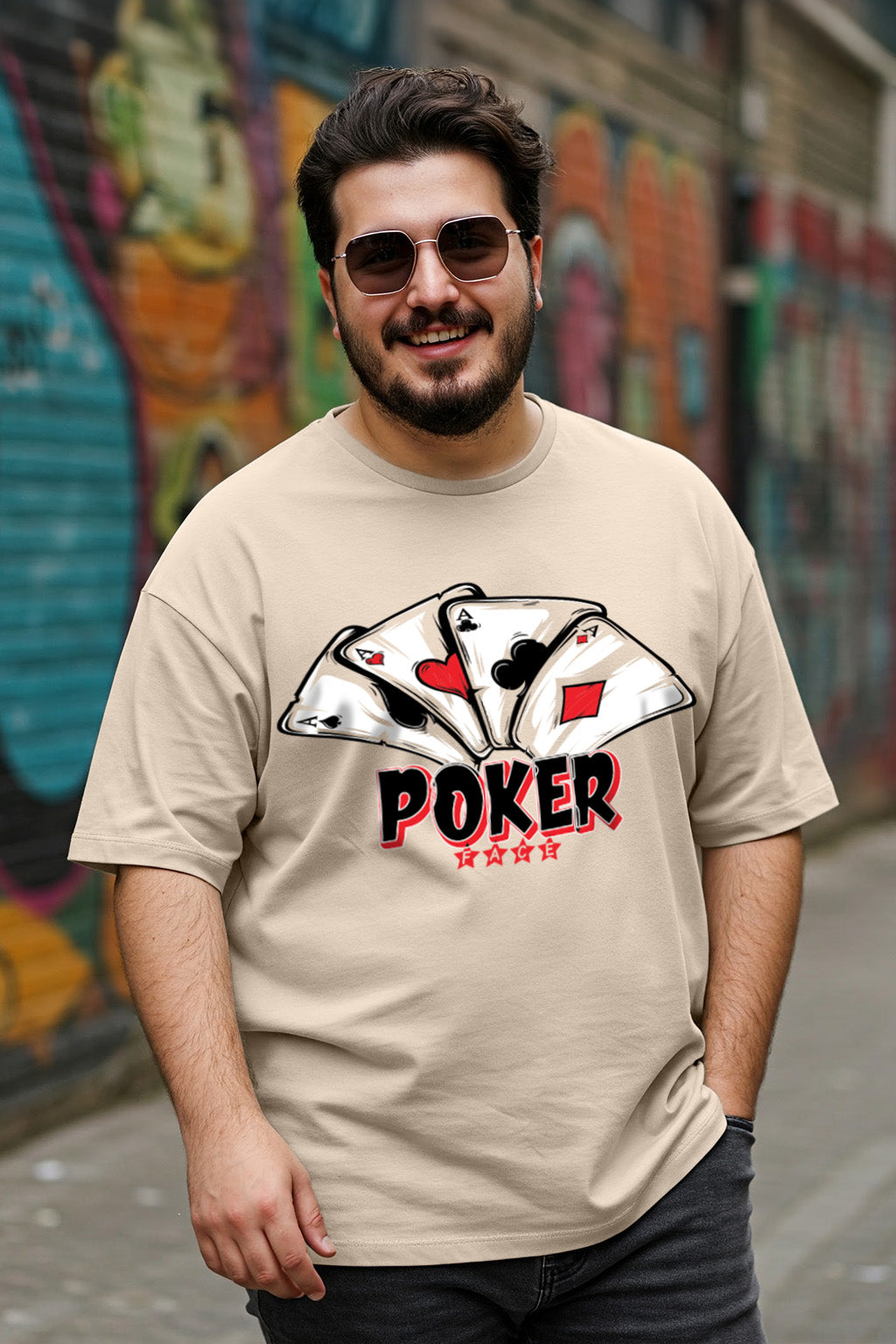 POKER Beige Graphic Printed Plus Size Tshirt