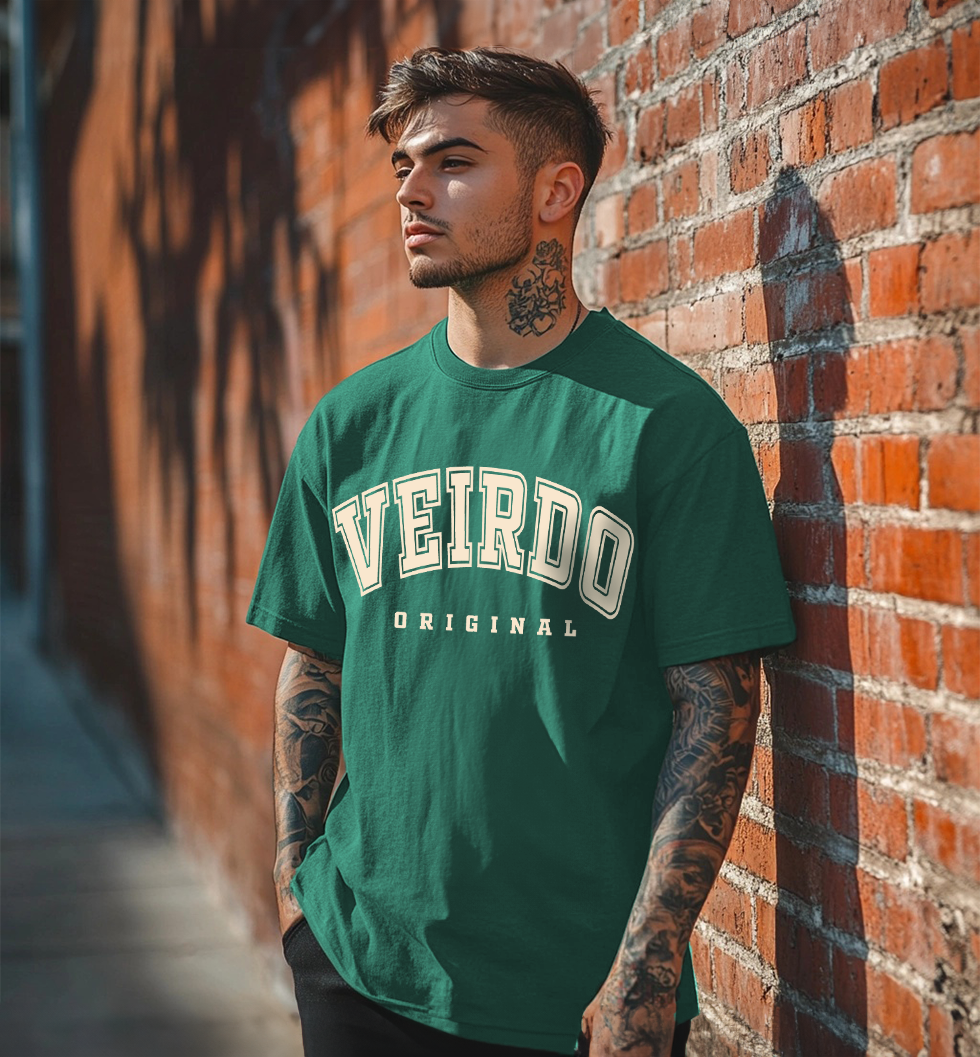Veirdo Original Green Oversized Typography Brand Printed T-shirt