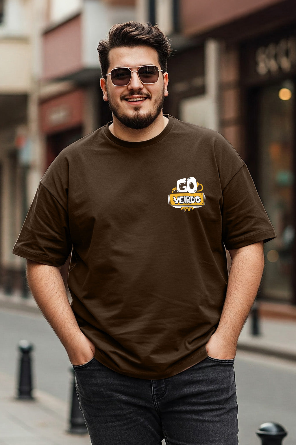 Go Veirdo Brown Graphic Printed Plus Size T-shirt