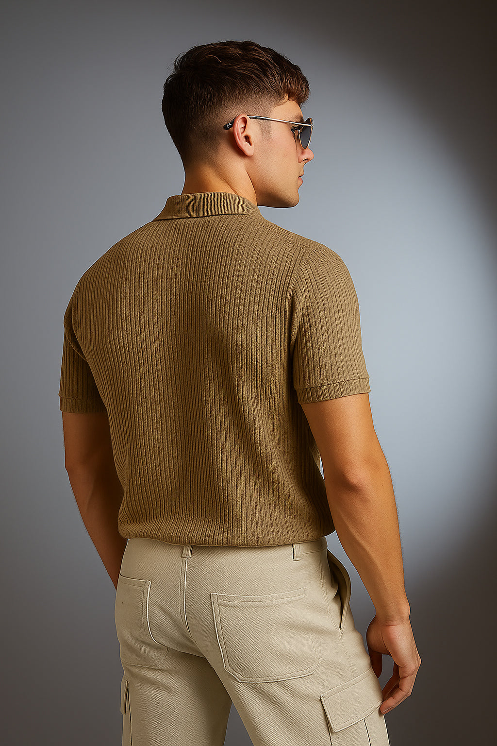 Khaki Textured Plain Regular Fit Button Polo T-shirt
