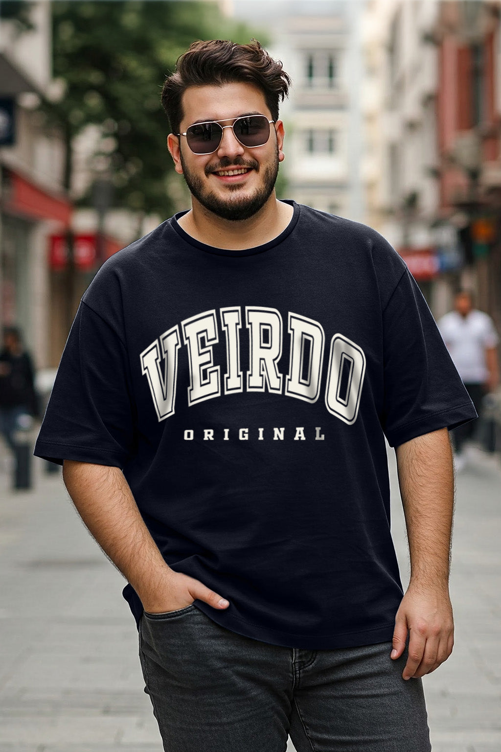 Veirdo Original Navy Typography Printed Plus Size T-shirt