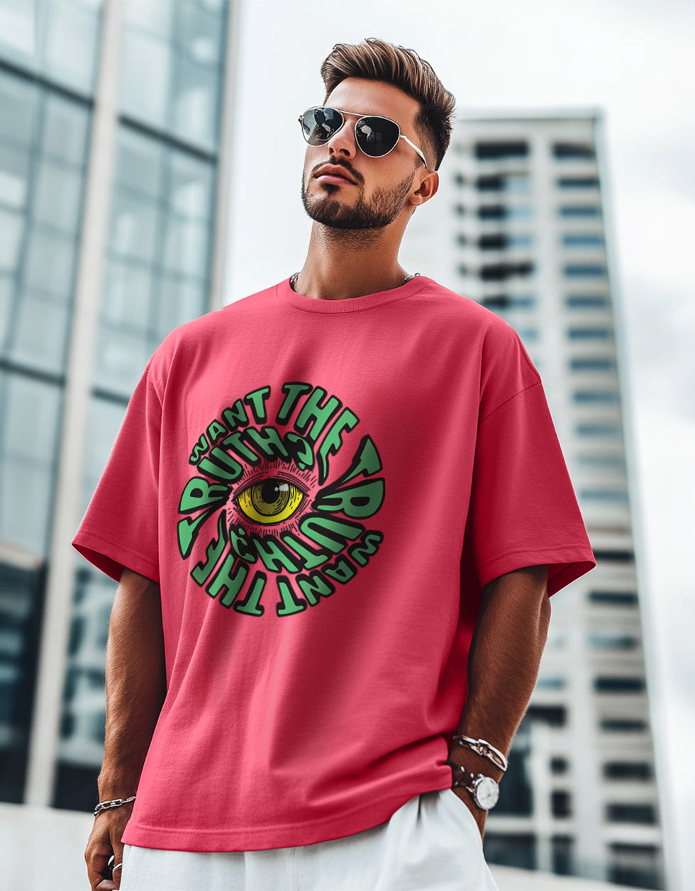 Want The Truth?Magenta Oversized Chest Graphic Printed T-shirt