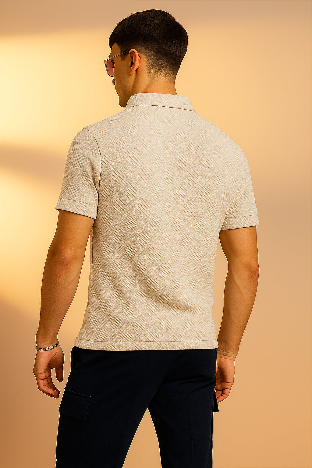 Beige Jacquard Plain Regular Fit Zipper Polo T-shirt