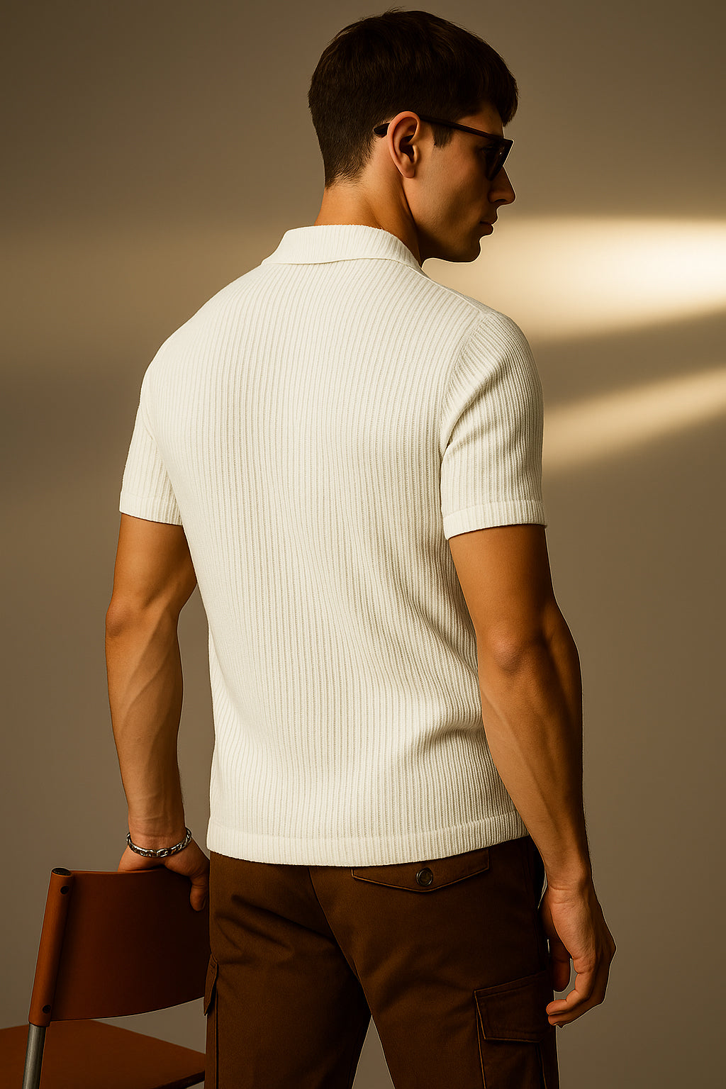 White Textured Plain Regular Fit Zipper Polo T-shirt