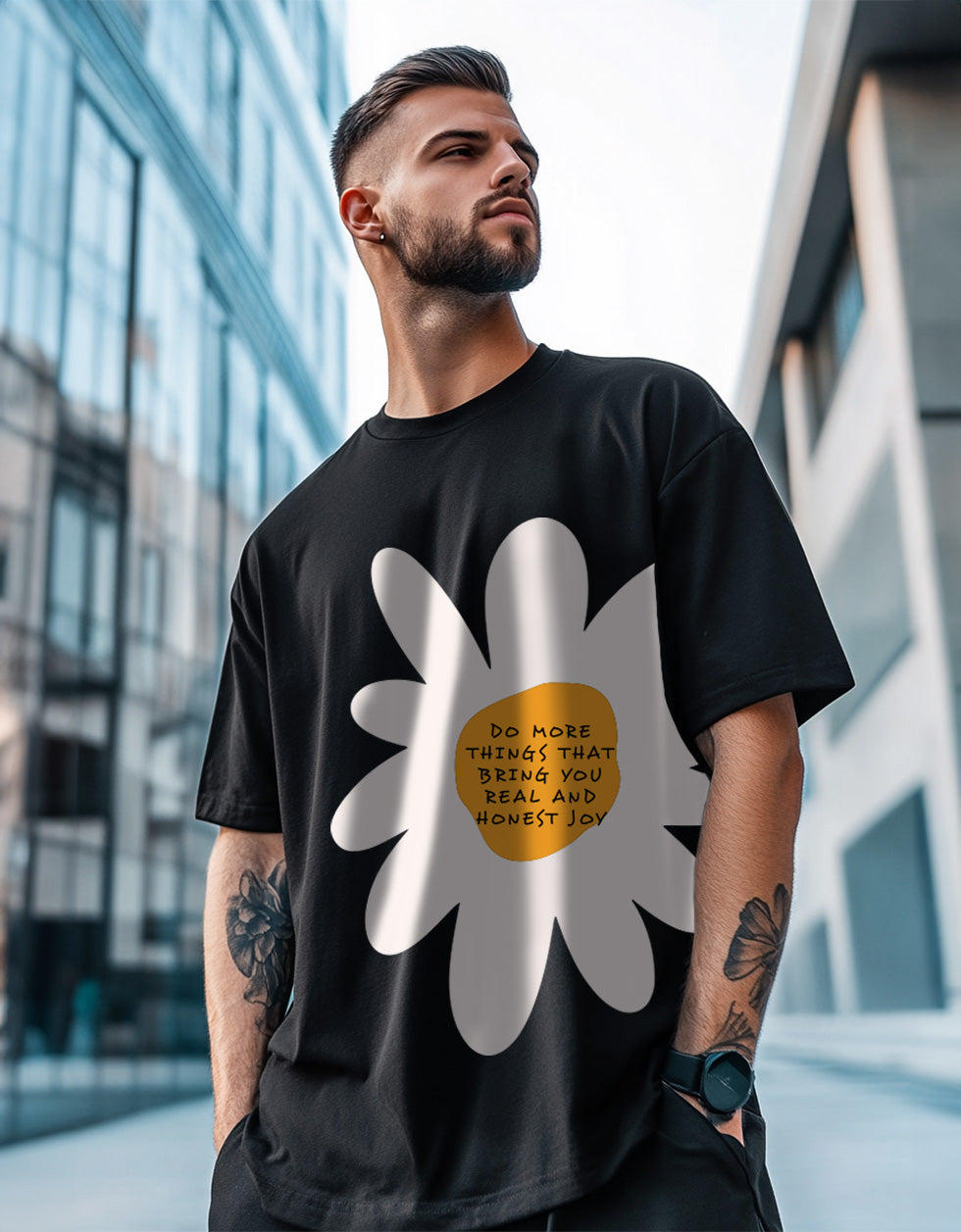 Flower Black Oversized Placement Graphic Printed T-shirt