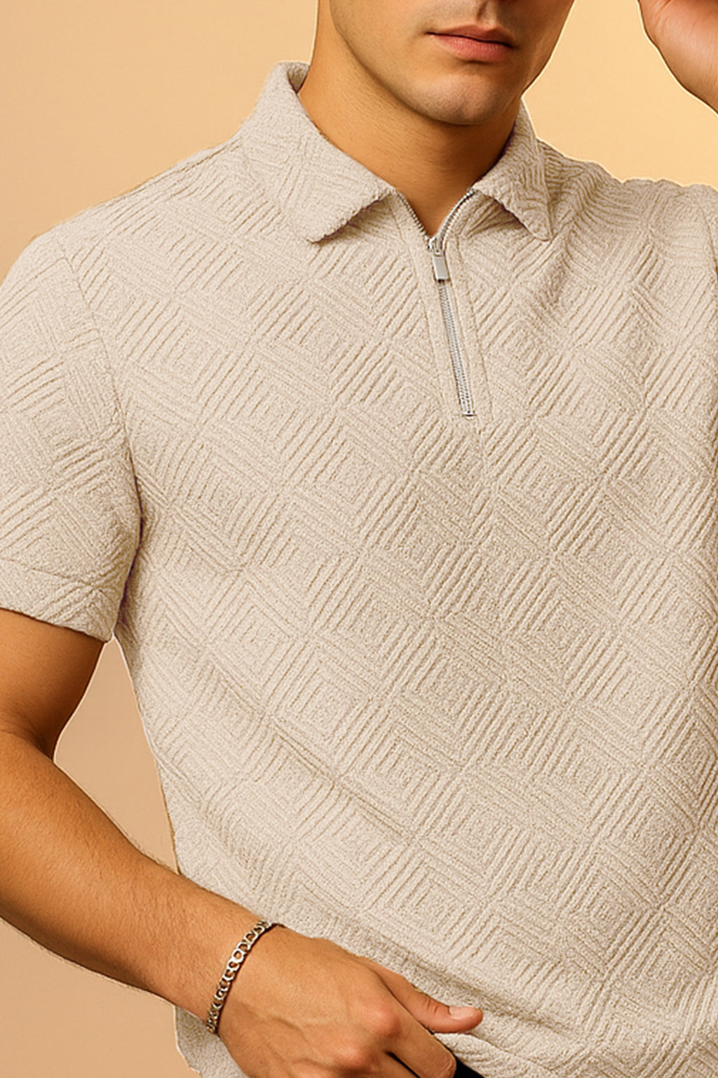 Beige Jacquard Plain Regular Fit Zipper Polo T-shirt