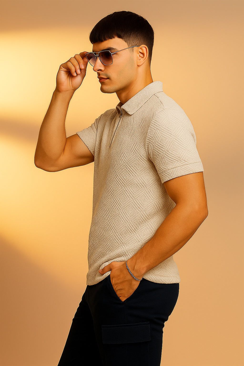 Beige Jacquard Plain Regular Fit Zipper Polo T-shirt