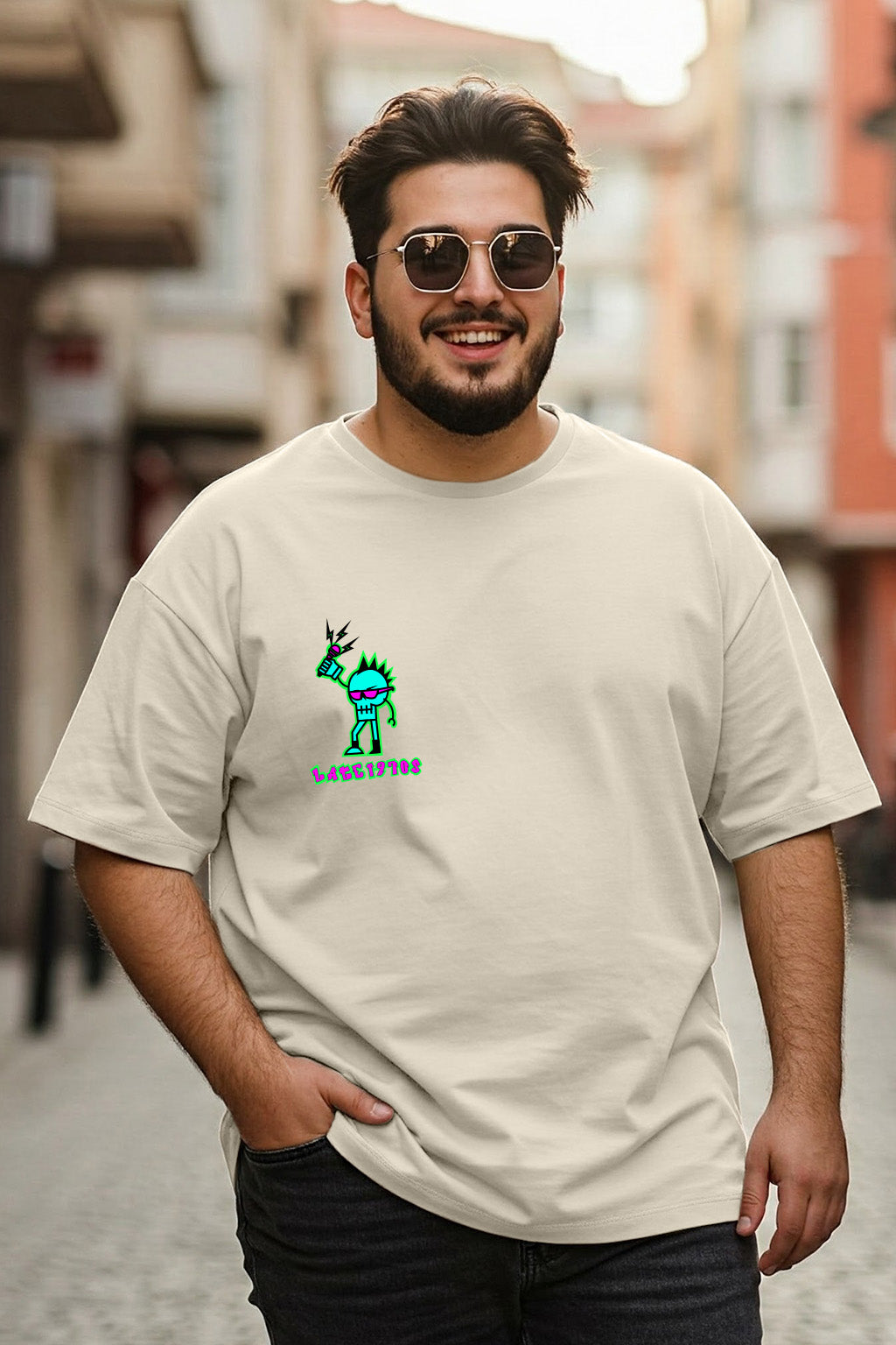 Punk Beige Graphic Printed Plus Size T-shirt