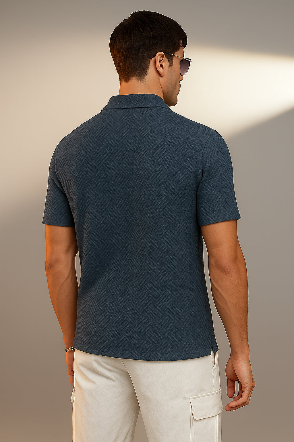 Navy Jacquard Plain Regular Fit Button Polo T-shirt