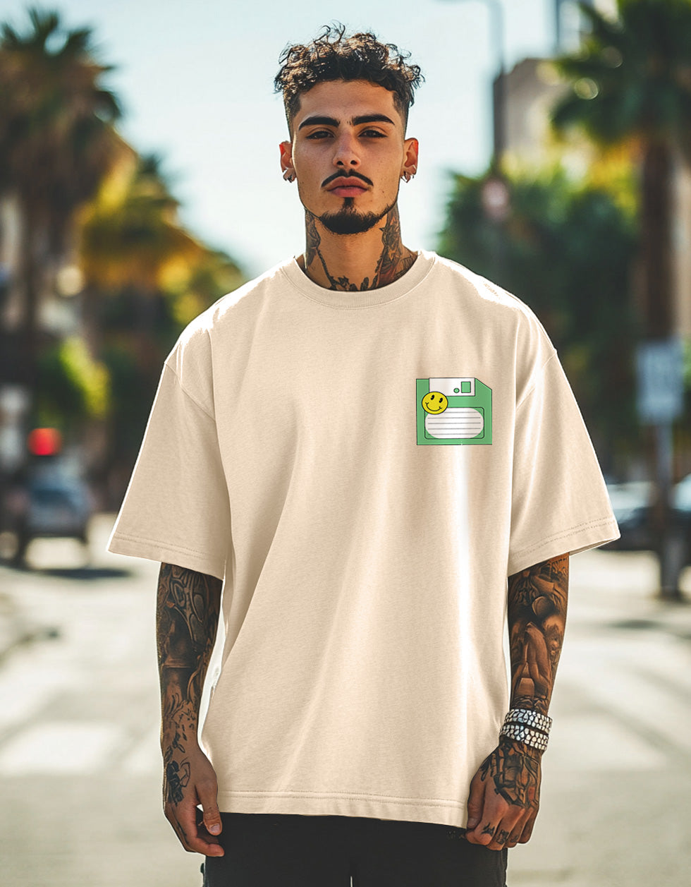 Floppy Beige Oversized Pocket Graphic Printed T-shirt