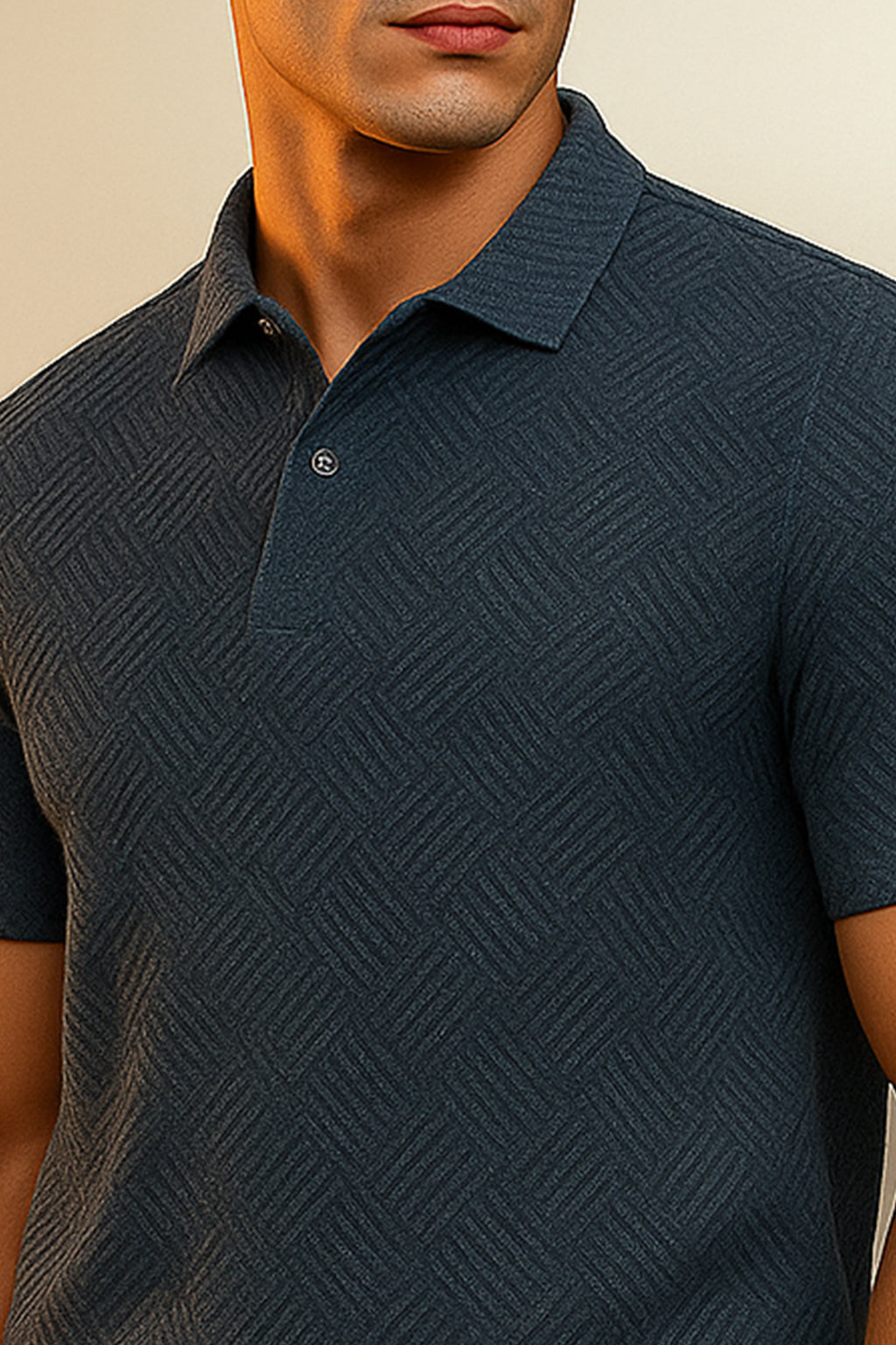 Navy Jacquard Plain Regular Fit Button Polo T-shirt