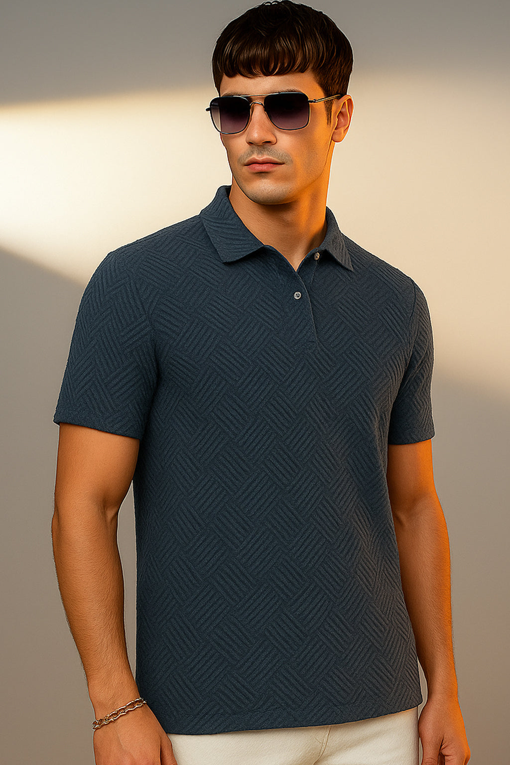 Navy Jacquard Plain Regular Fit Button Polo T-shirt