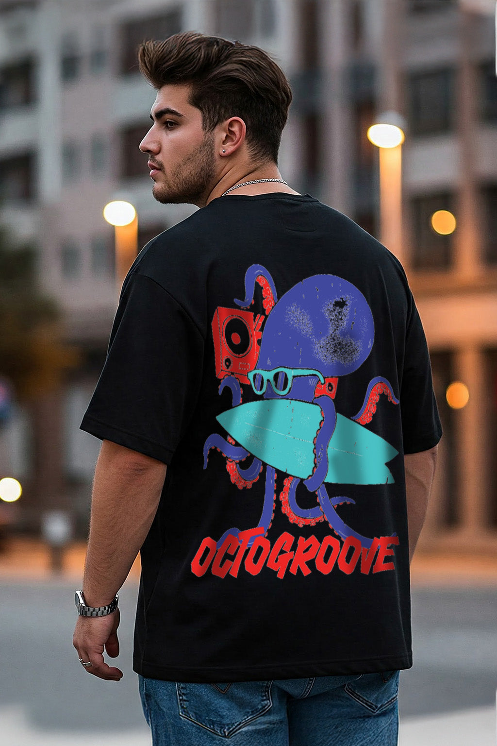 Octogroove Black Back Printed Plus Size T-shirt