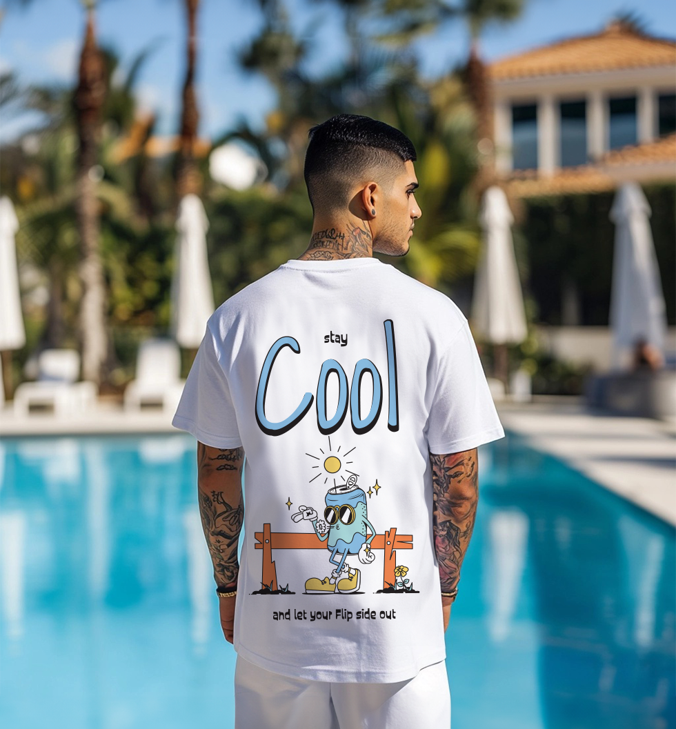 STAY COOL Oversized White Graphic Printed T-shirt