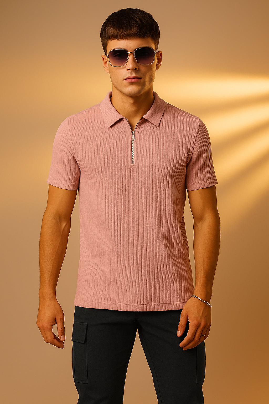 Peach Textured Plain Regular Fit Zipper Polo T-shirt