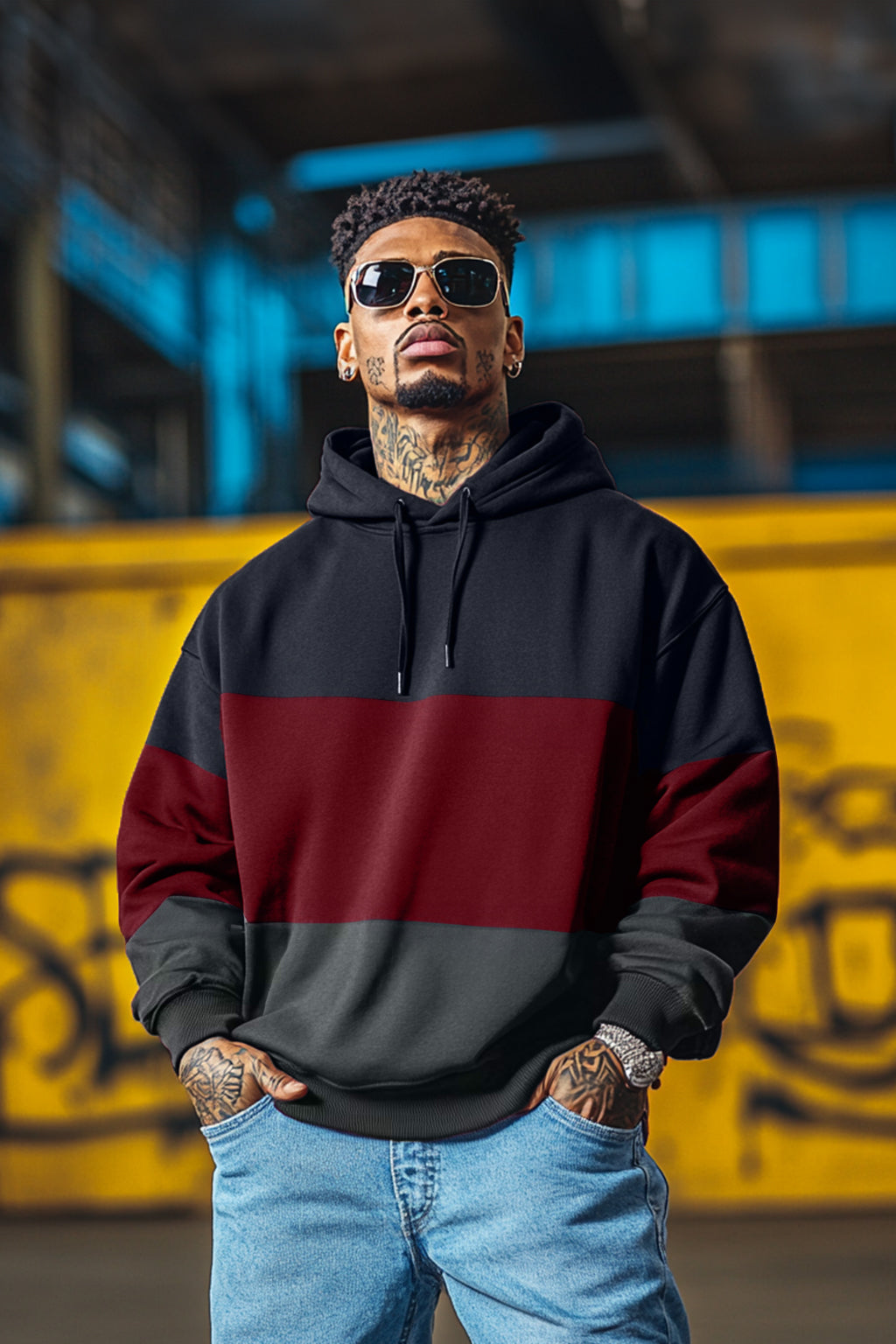 Tri-Tone Maroon ColorBlock Oversized Hoodie