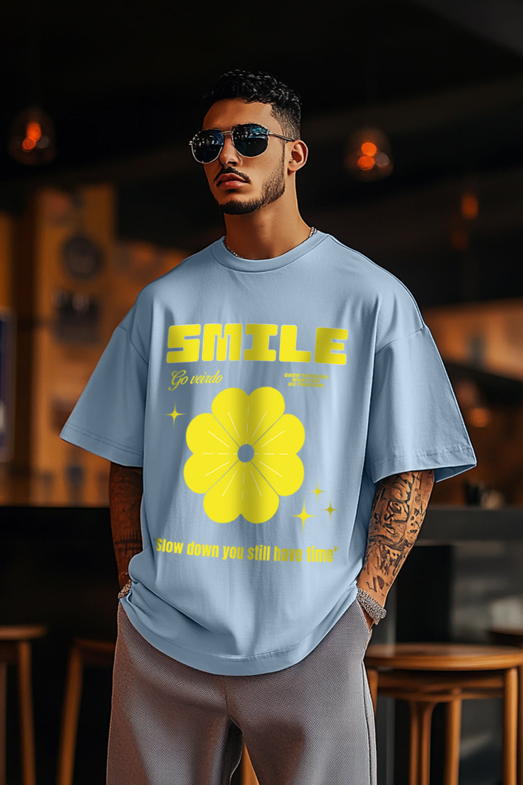 Smile Blue Oversized Chest Graphic Printed T-shirt