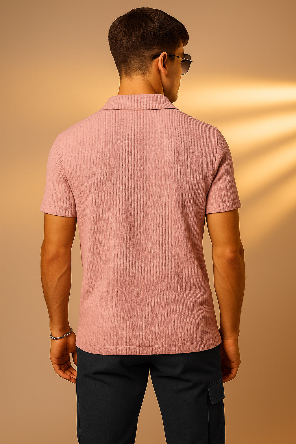 Peach Textured Plain Regular Fit Zipper Polo T-shirt