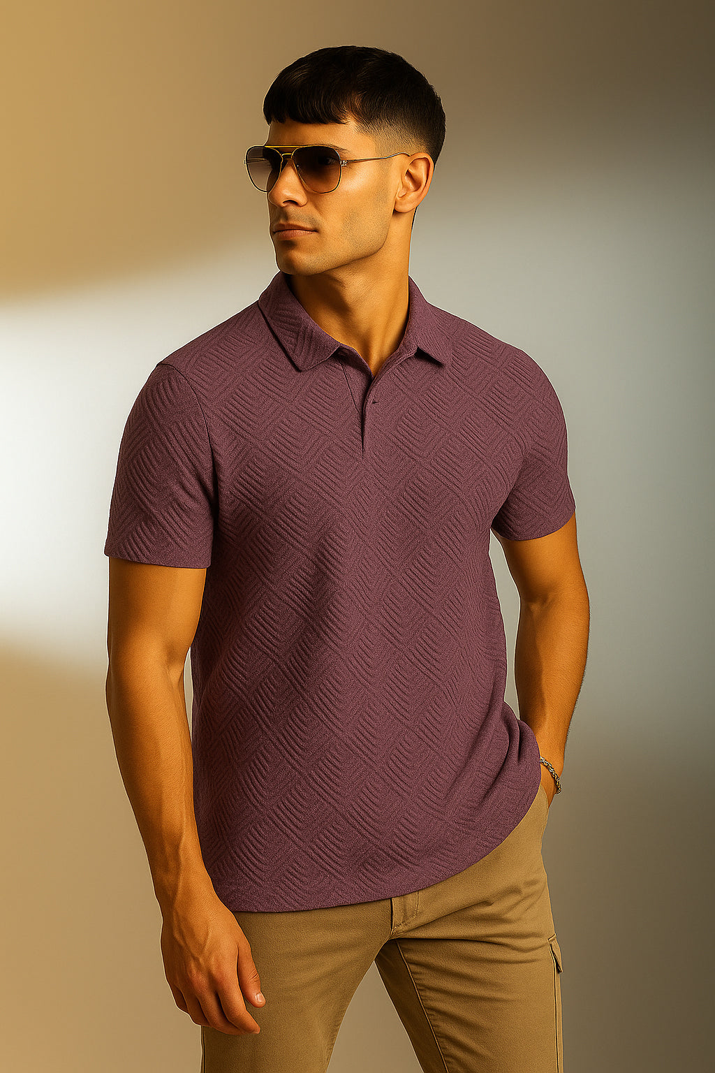 Maroon Jacquard Plain Regular Fit Button Polo T-shirt