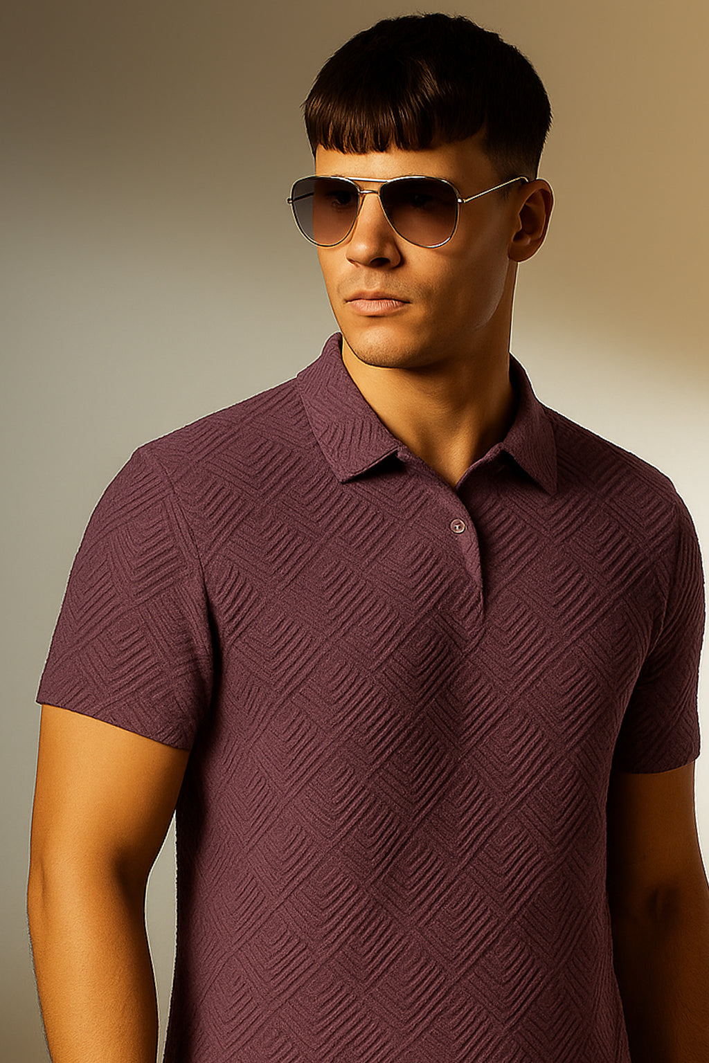 Maroon Jacquard Plain Regular Fit Button Polo T-shirt