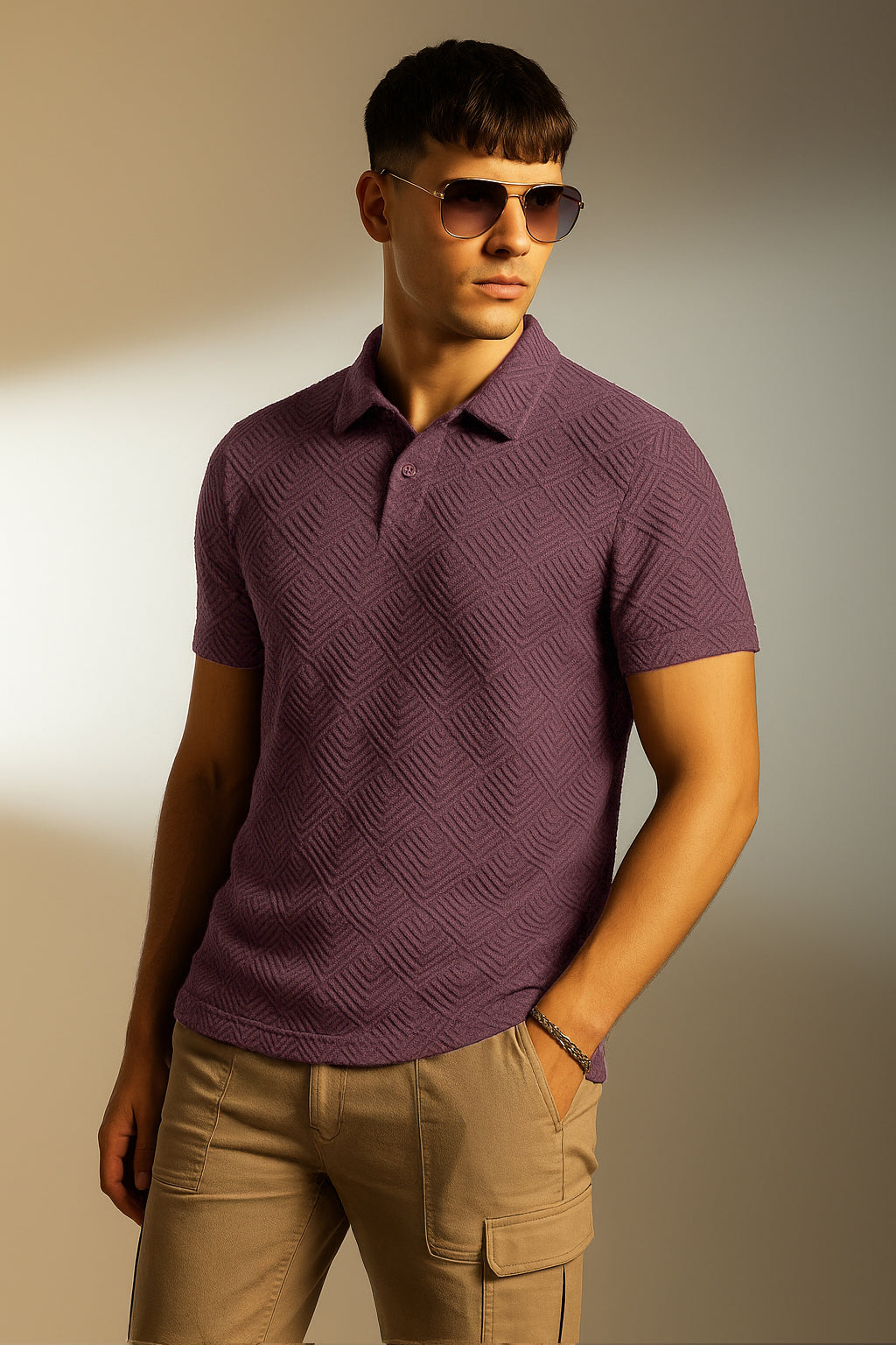 Maroon Jacquard Plain Regular Fit Button Polo T-shirt