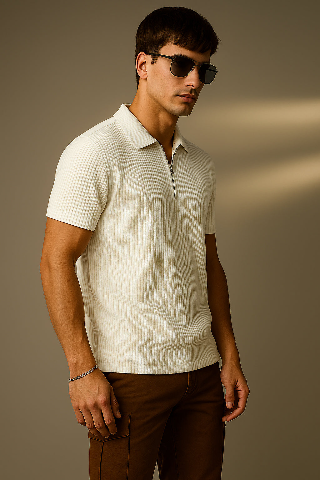 White Textured Plain Regular Fit Zipper Polo T-shirt