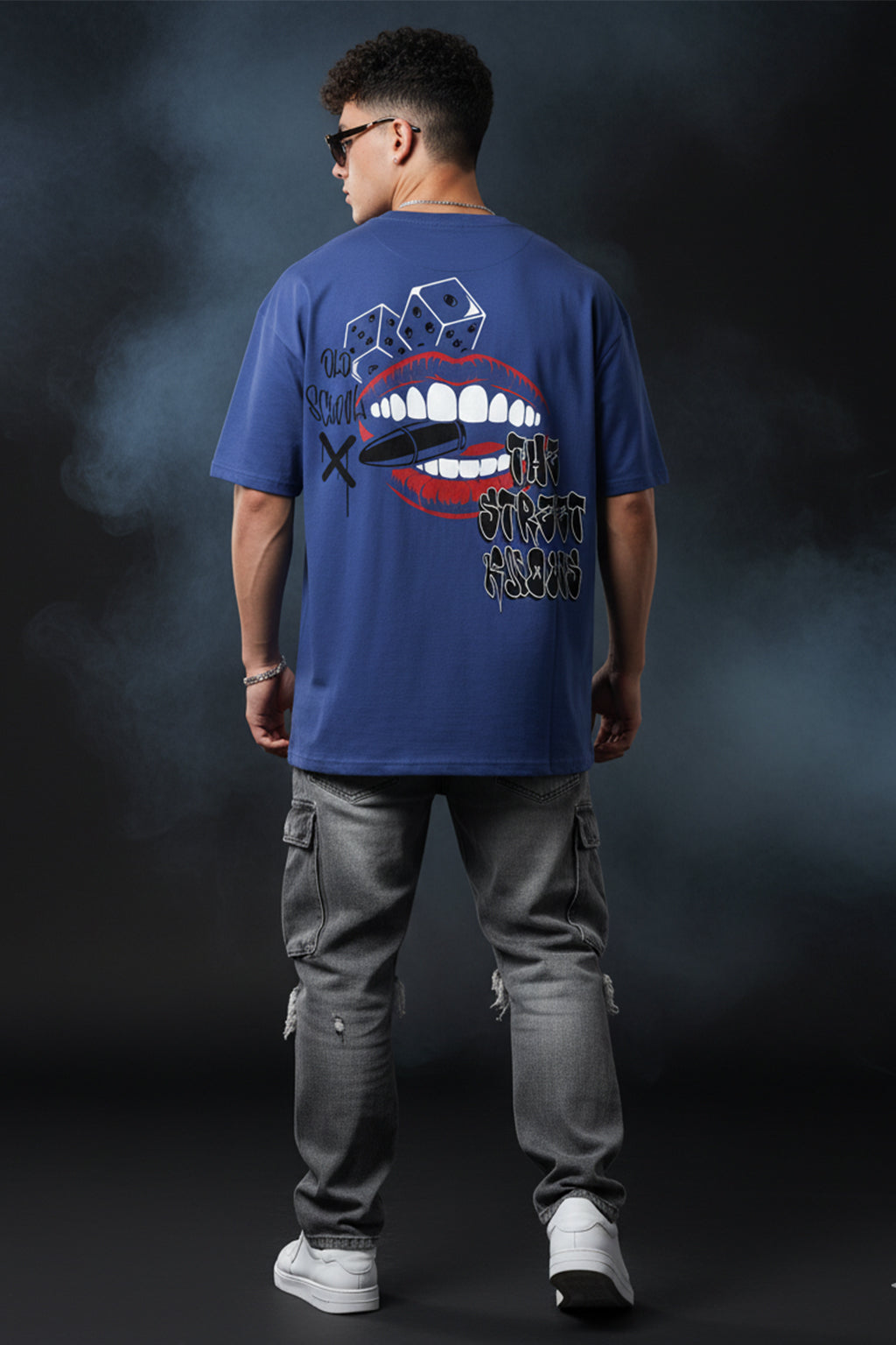 OLD SCHOOL Blue Oversized Back Graphic Printed T-shirt