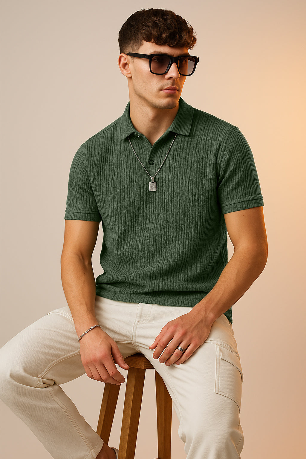 Olive Textured Plain Regular Fit Button Polo T-shirt