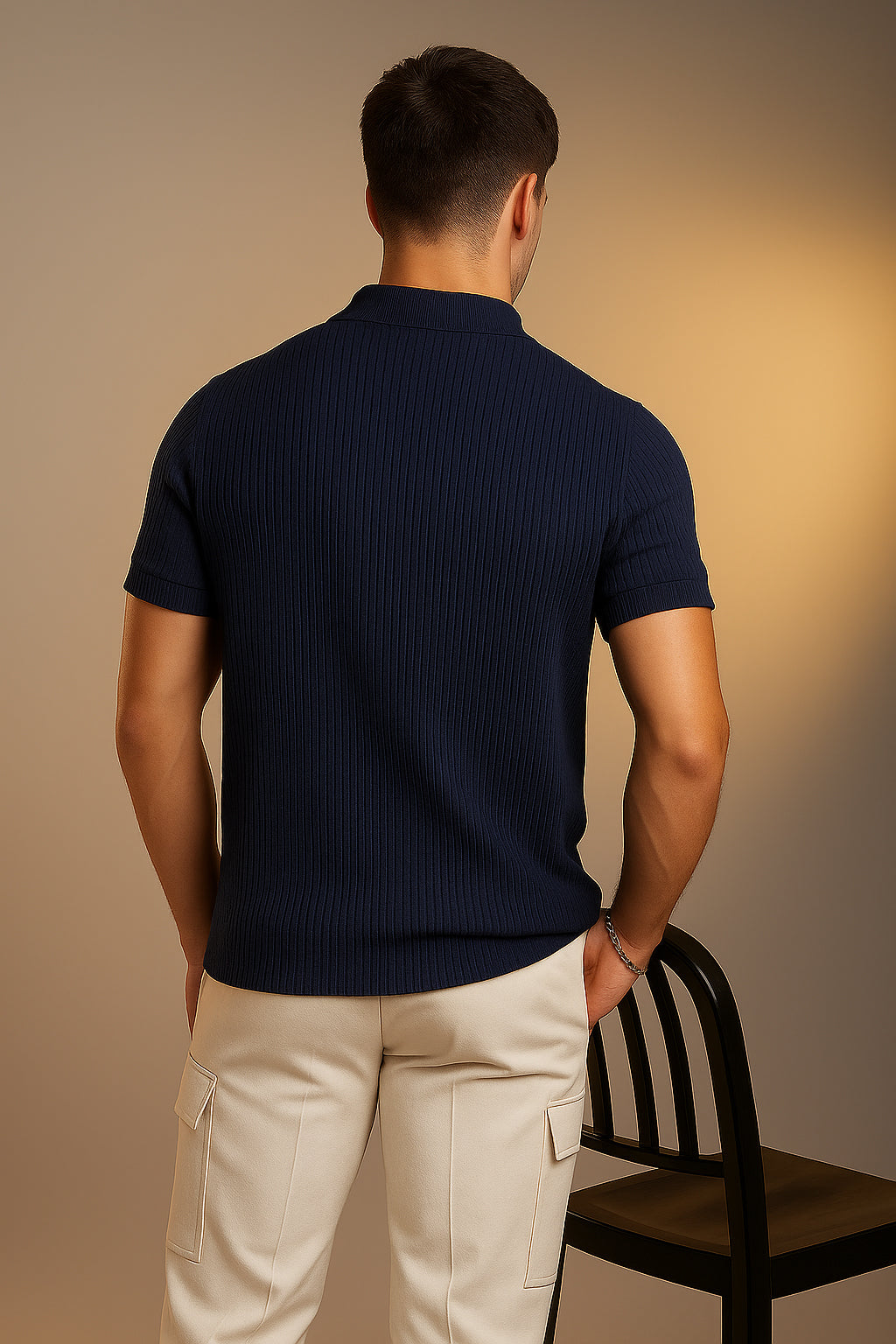 Navy Textured Plain Regular Fit Zipper Polo T-shirt
