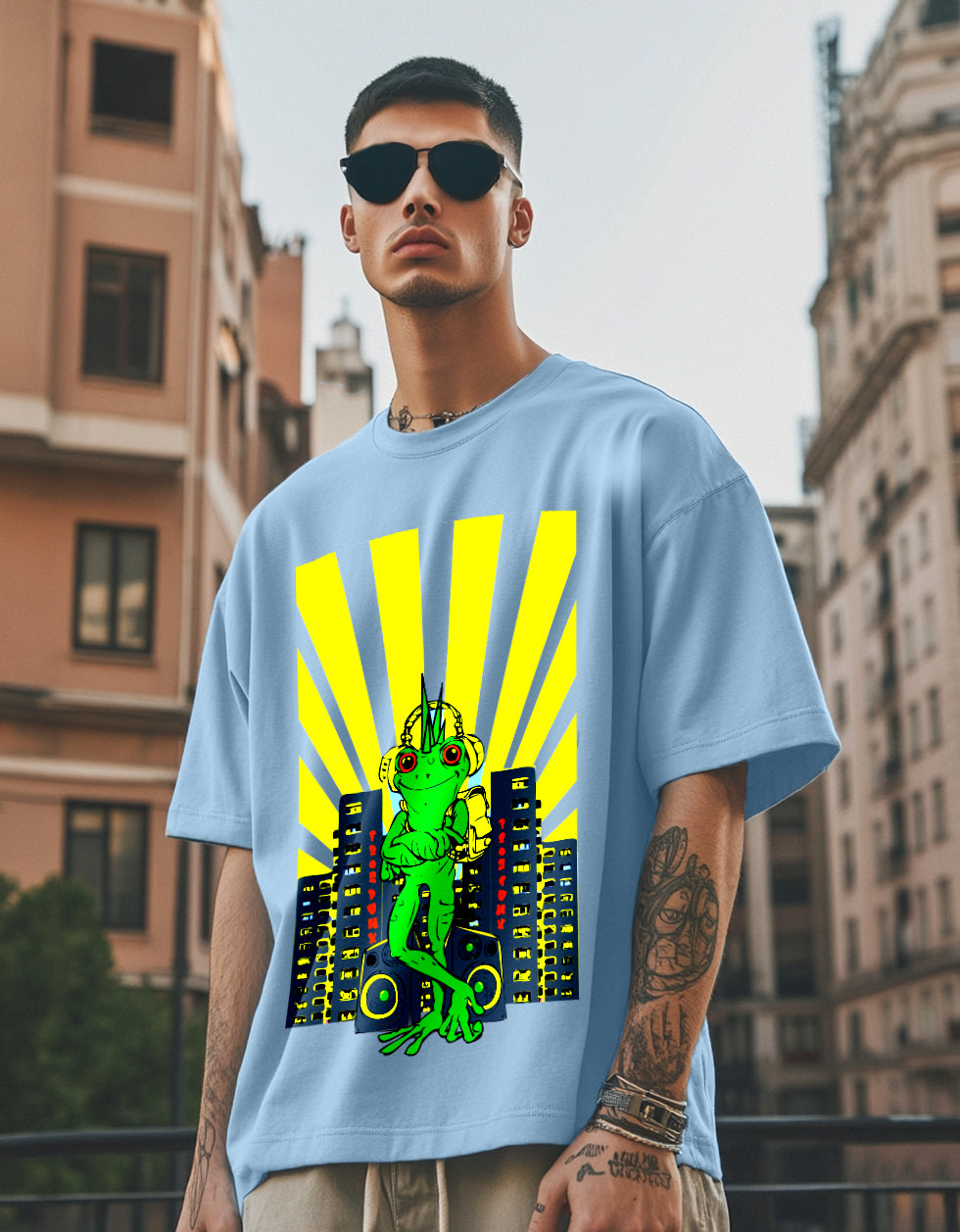 Blue Frog Oversized Chest Graphic Printed T-shirt