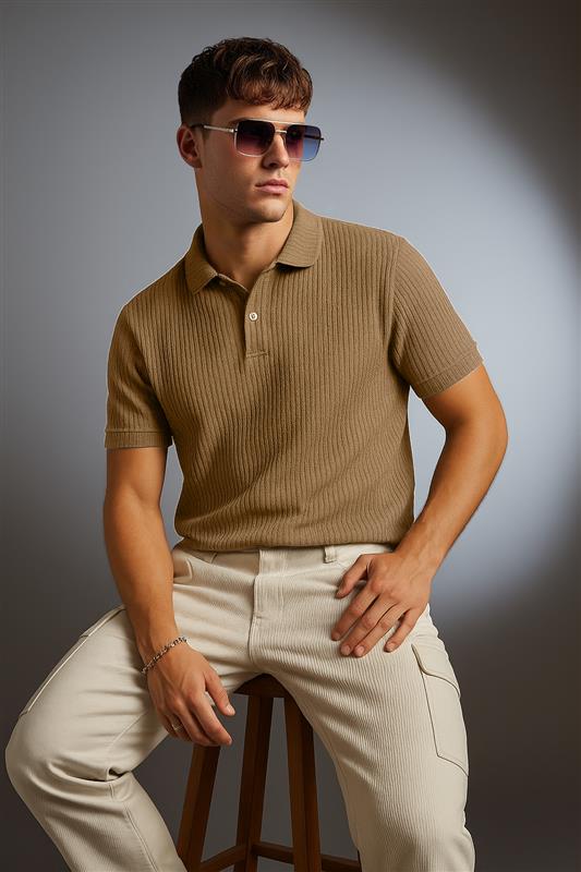 Khaki Textured Plain Regular Fit Button Polo T-shirt
