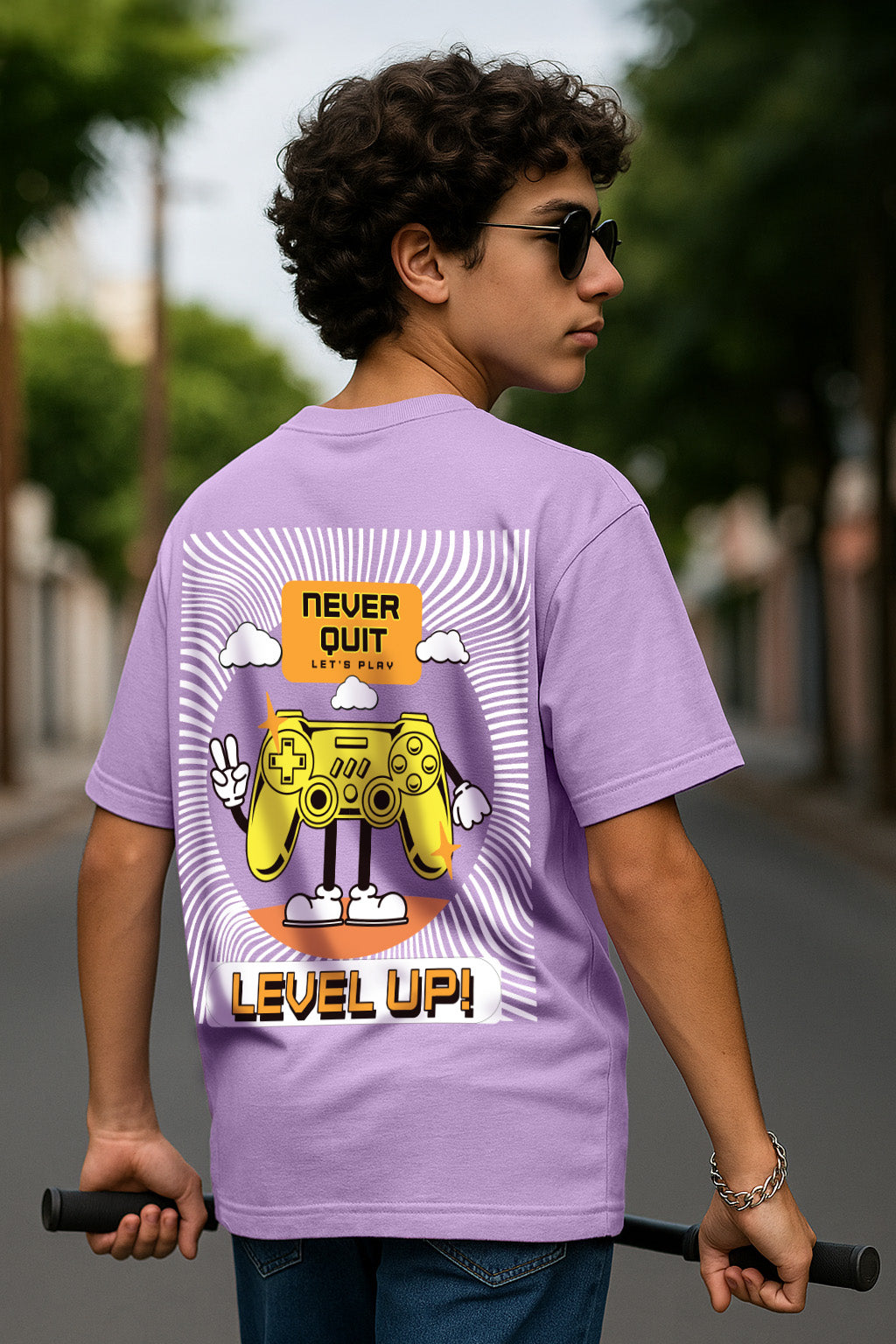 Level Up Lilac Oversized Graphic Back Printed Boys T-shirt