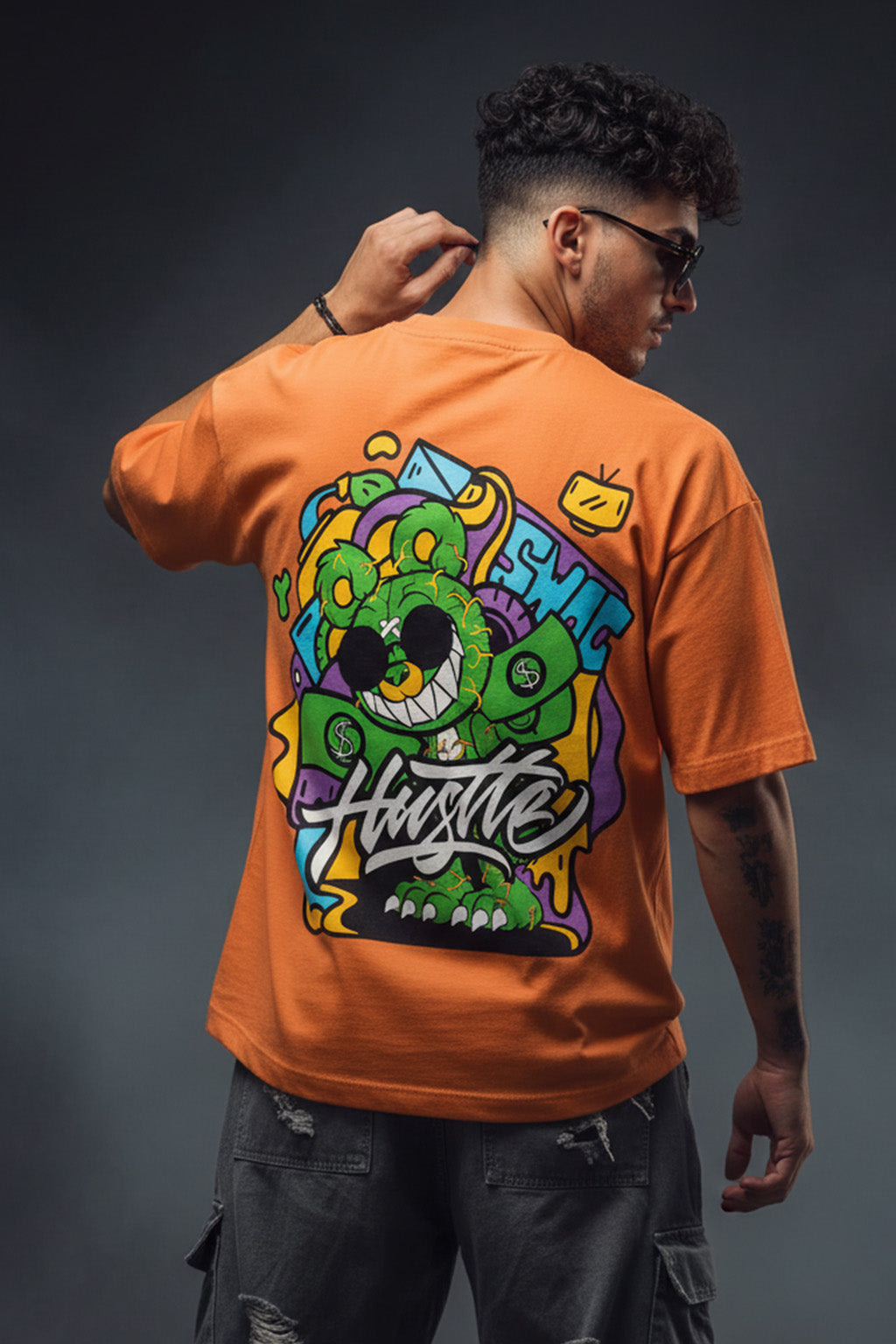 HUSTLE Orange Oversized Back Graphic Printed T-shirt