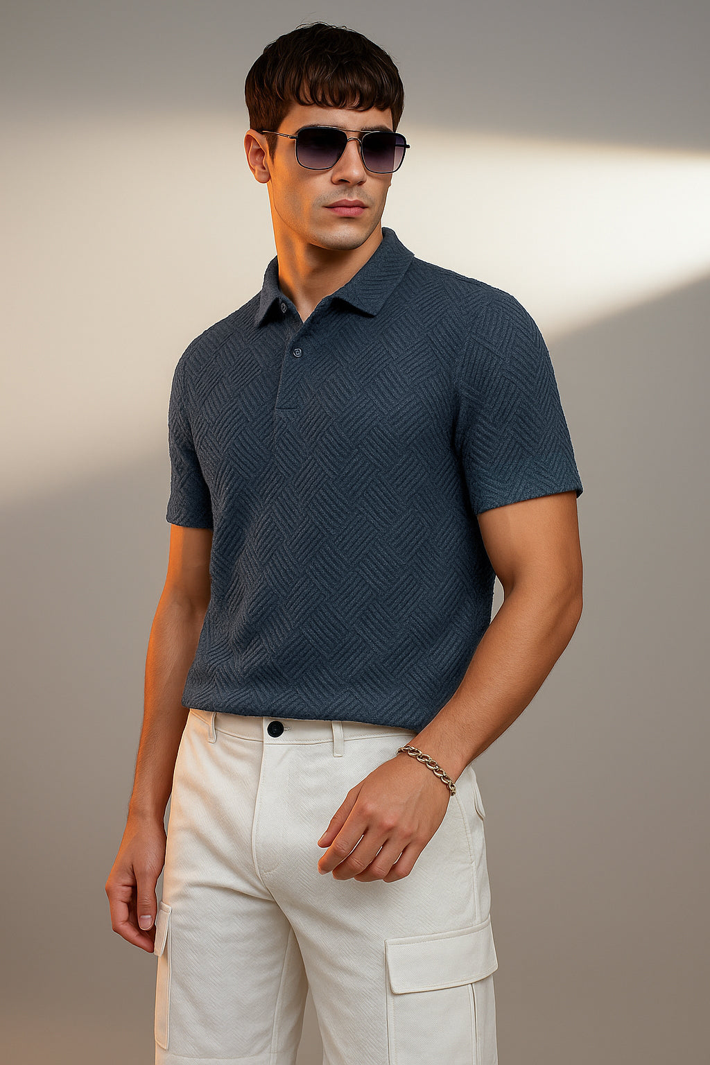 Navy Jacquard Plain Regular Fit Button Polo T-shirt