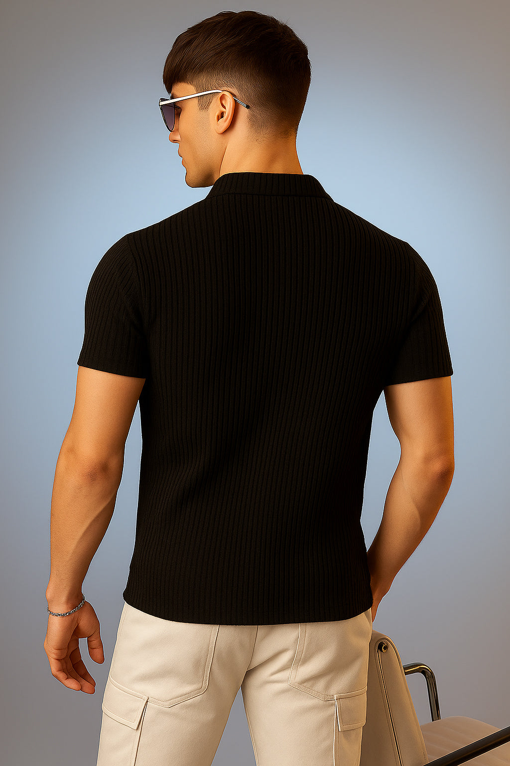 Black Textured Plain Regular Fit Button Polo T-shirt