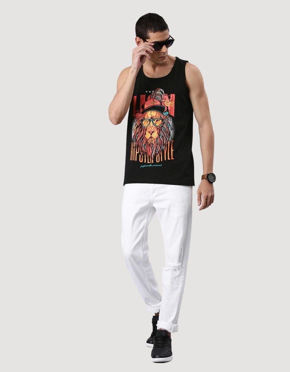 Black Lion King Printed Gym Men's Vest Veirdo