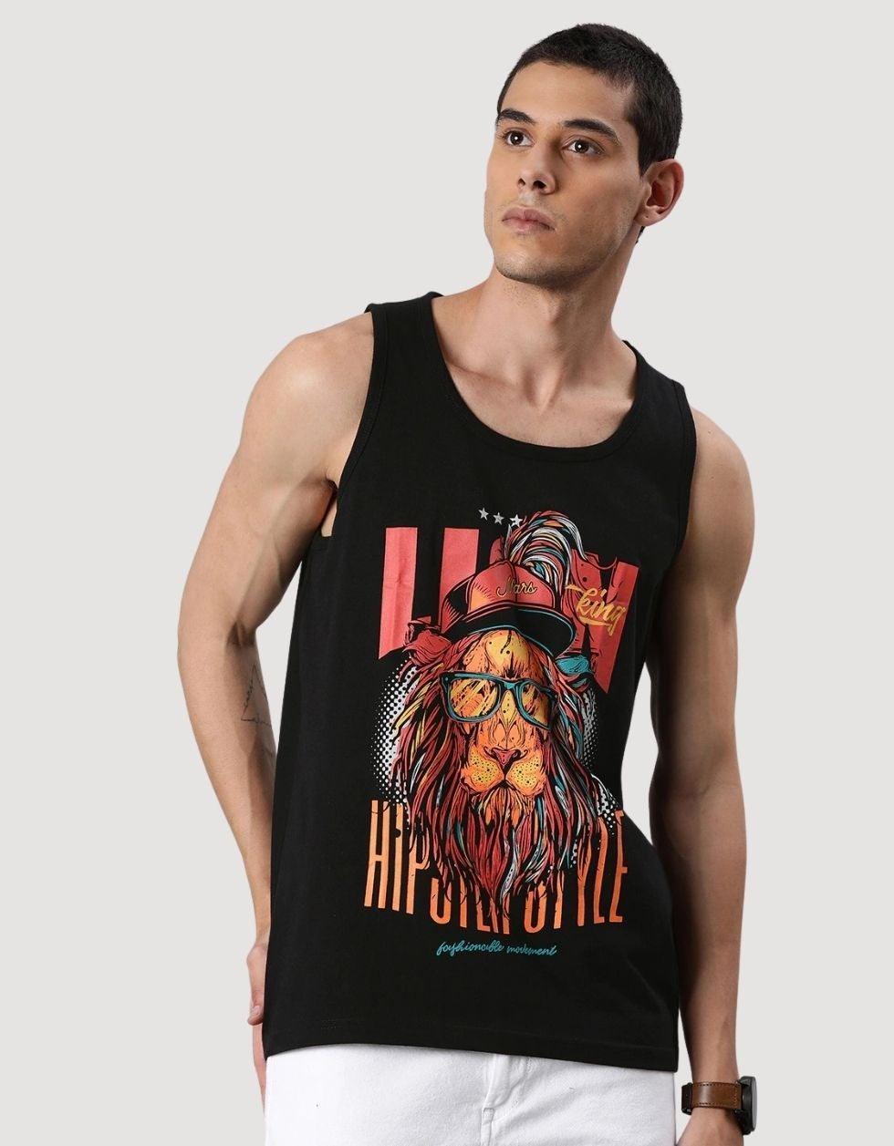 Black Lion King Printed Gym Men's Vest Veirdo