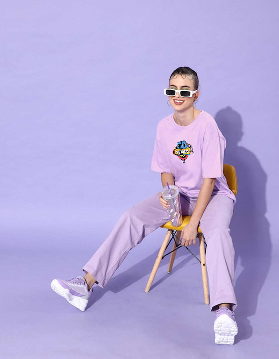 Doodle Print Lilac Oversized Women's T-Shirt Veirdo