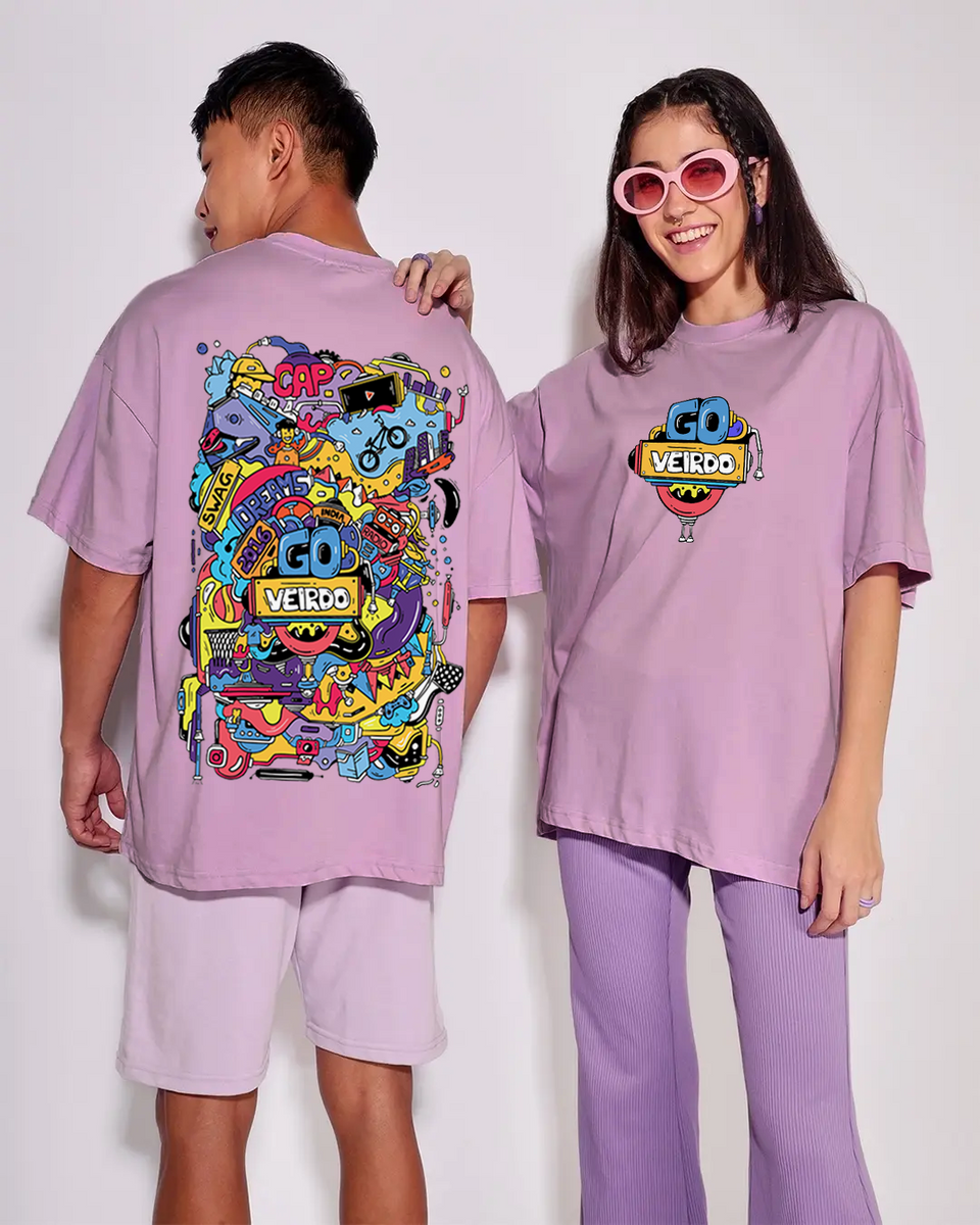 Doodle Print Oversized Lilac Couple T Shirts