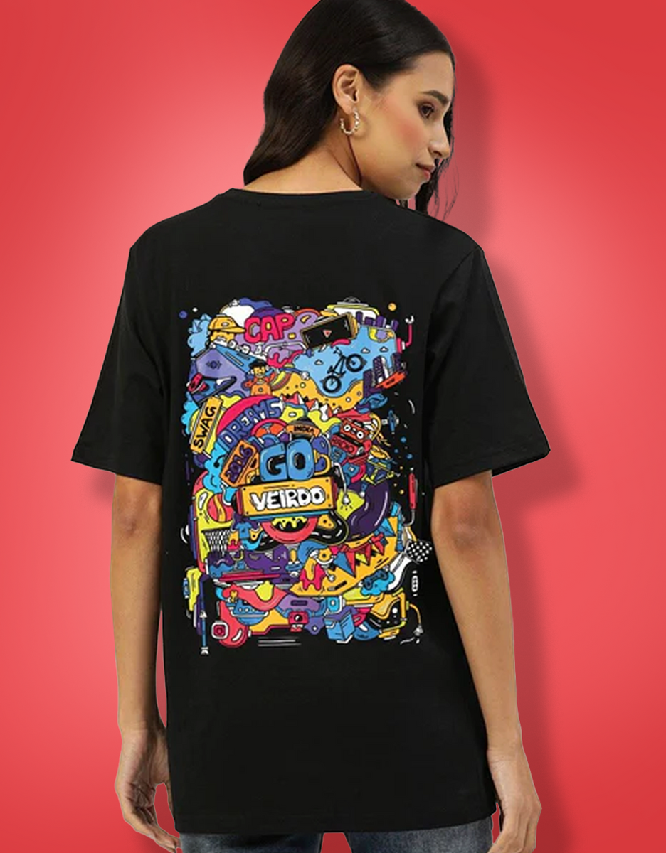 Doodle Print Oversized Women s T Shirt